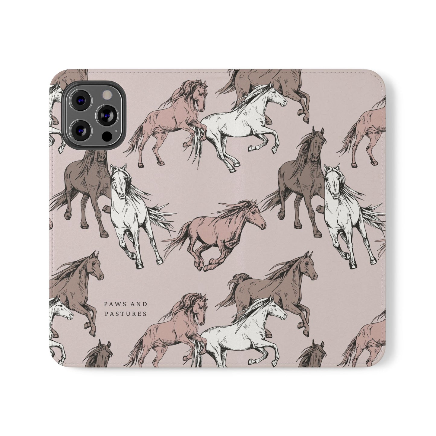 Horse Pattern Flip Phone Case — Pink Running Horses Wallet Cover