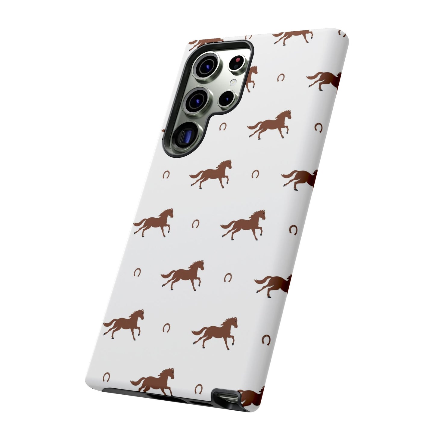 Horse Pattern Tough Phone Case — Brown Galloping Horses & Horseshoes on White