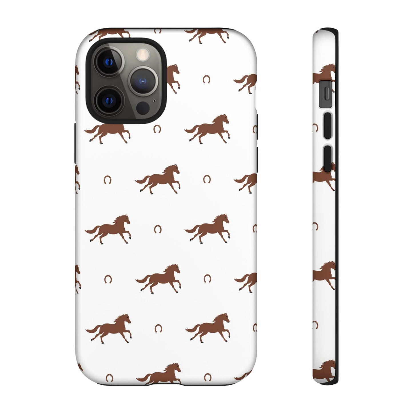 Horse Pattern Tough Phone Case — Brown Galloping Horses & Horseshoes on White