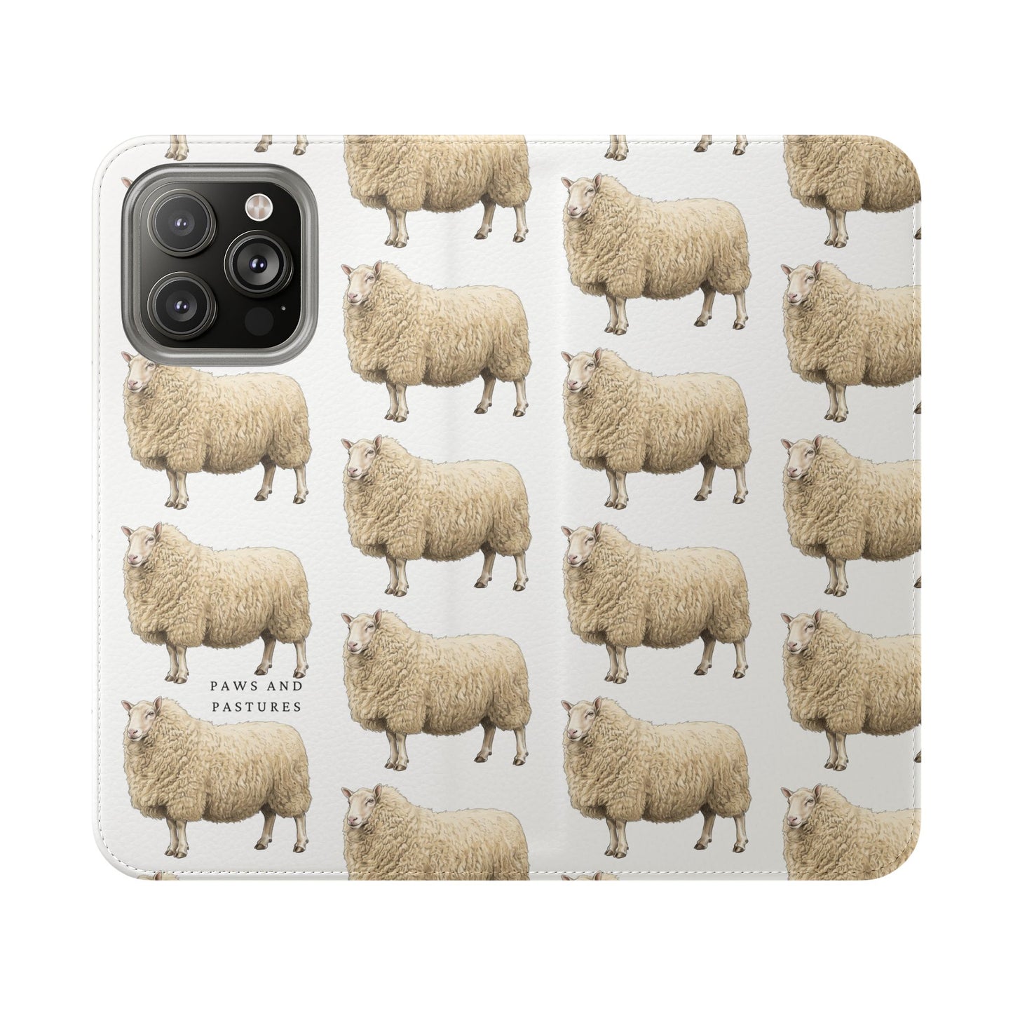 Cheviot Sheep Pattern Flip Phone Case – Cute Pastoral Wallet Cover with Card Slots