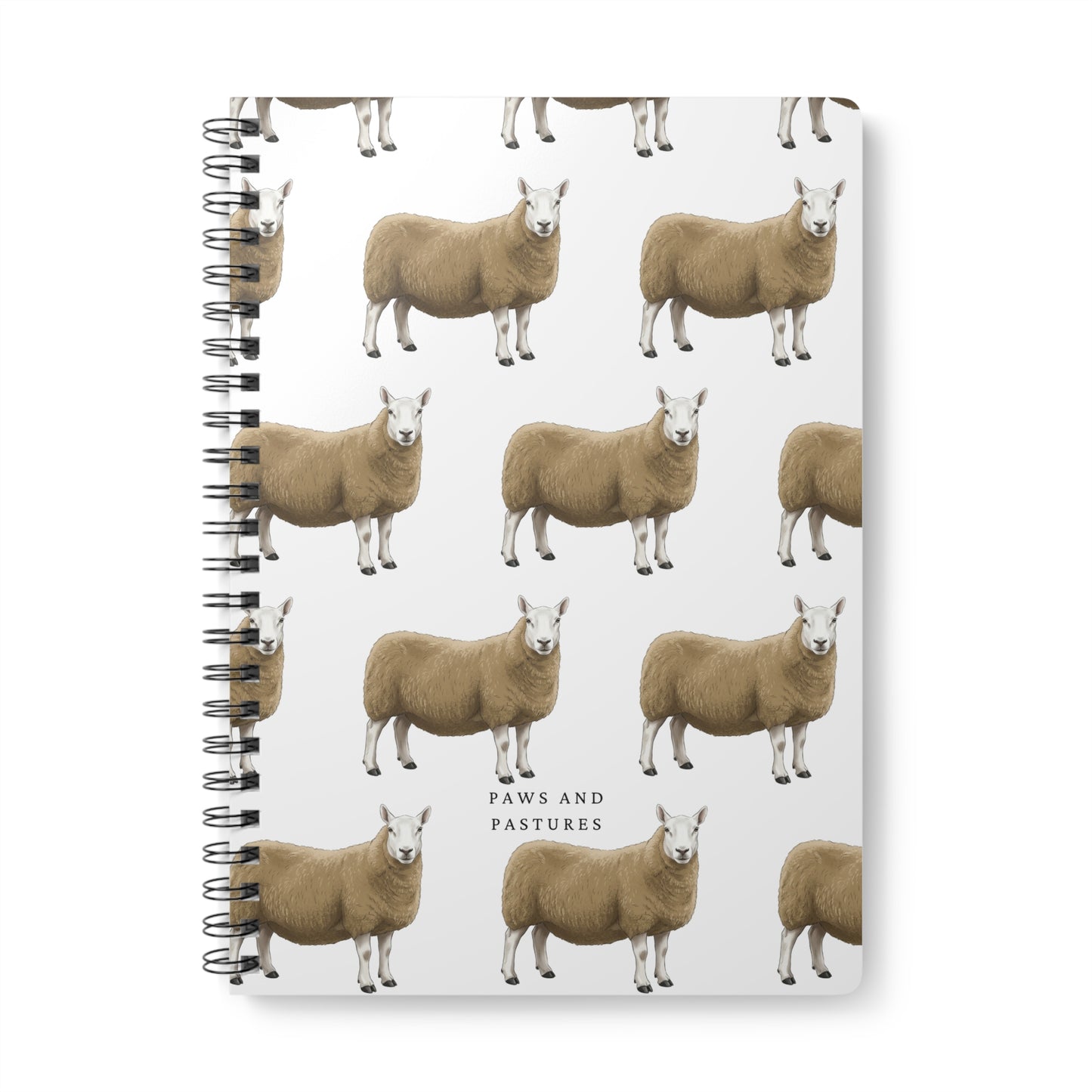 Cheviot Sheep Pattern A5 Spiral Notebook — "Paws and Pastures" Lined Journal
