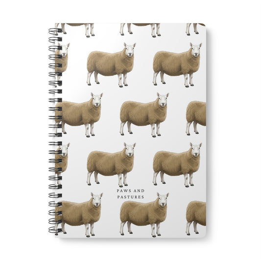 Cheviot Sheep Pattern A5 Spiral Notebook — "Paws and Pastures" Lined Journal