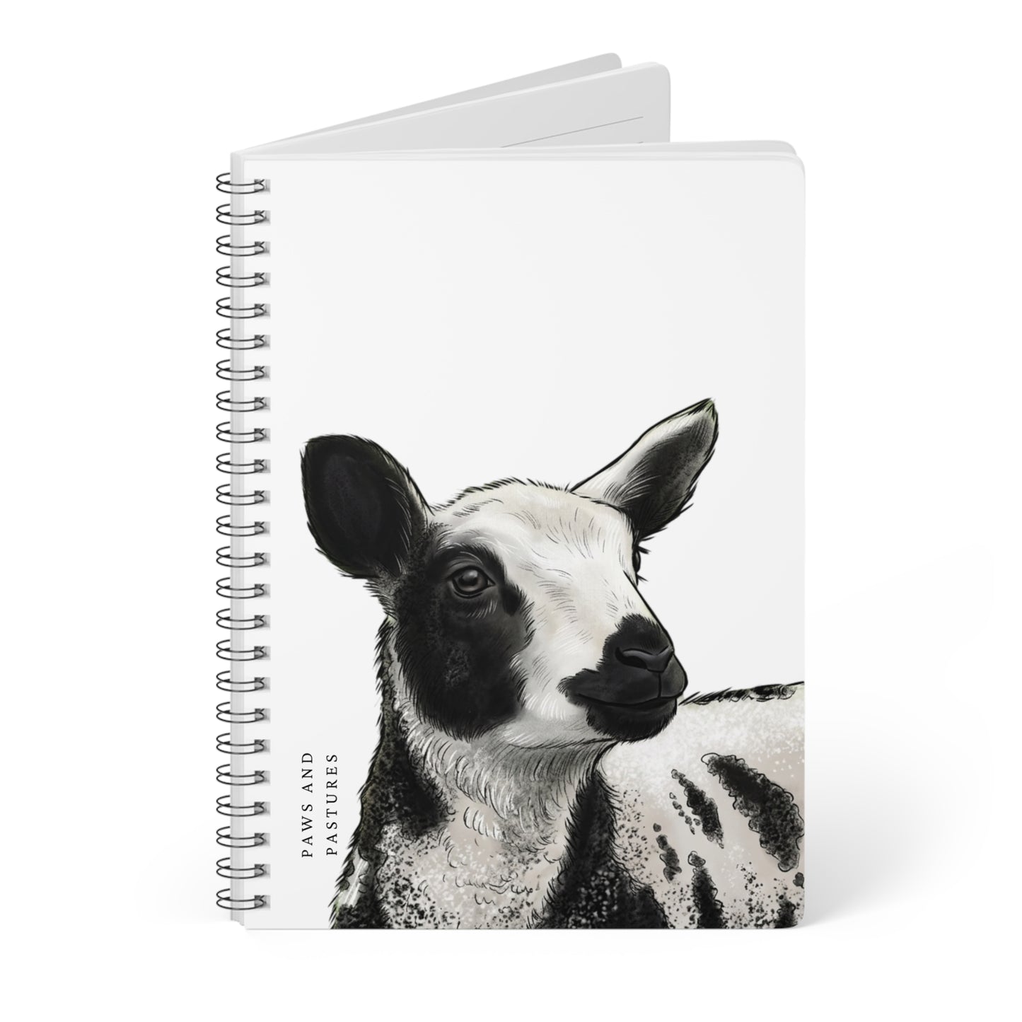 Dutch Spotted Sheep A5 Spiral Notebook — Black & White Lamb Illustration (“Paws and Pastures”)