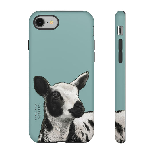 Teal Dutch Spotted Sheep Portrait Phone Case - Black & White Lamb Illustration Protective Cover