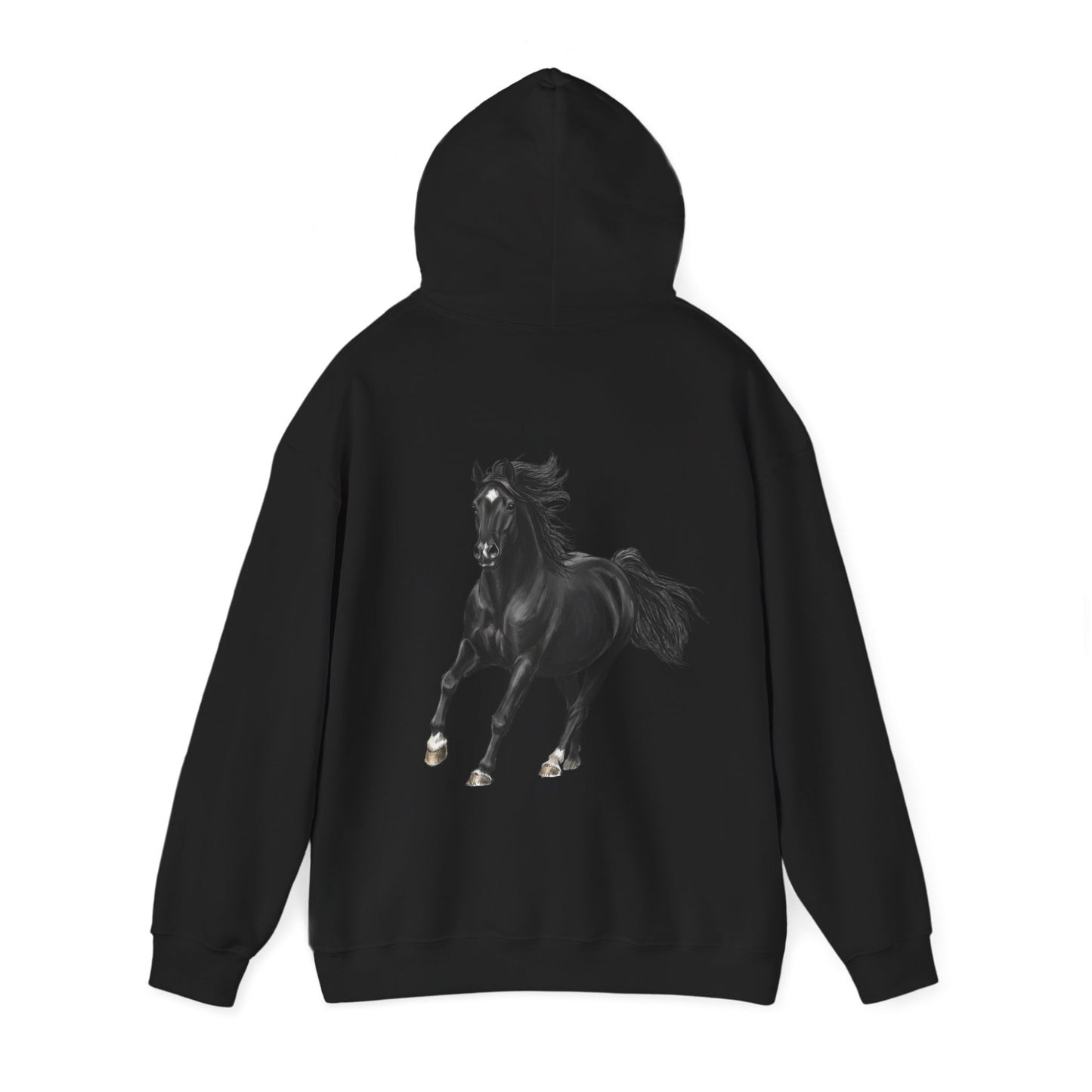 Horse Graphic Hoodie — Black Stallion Back Print, Minimal Front Text