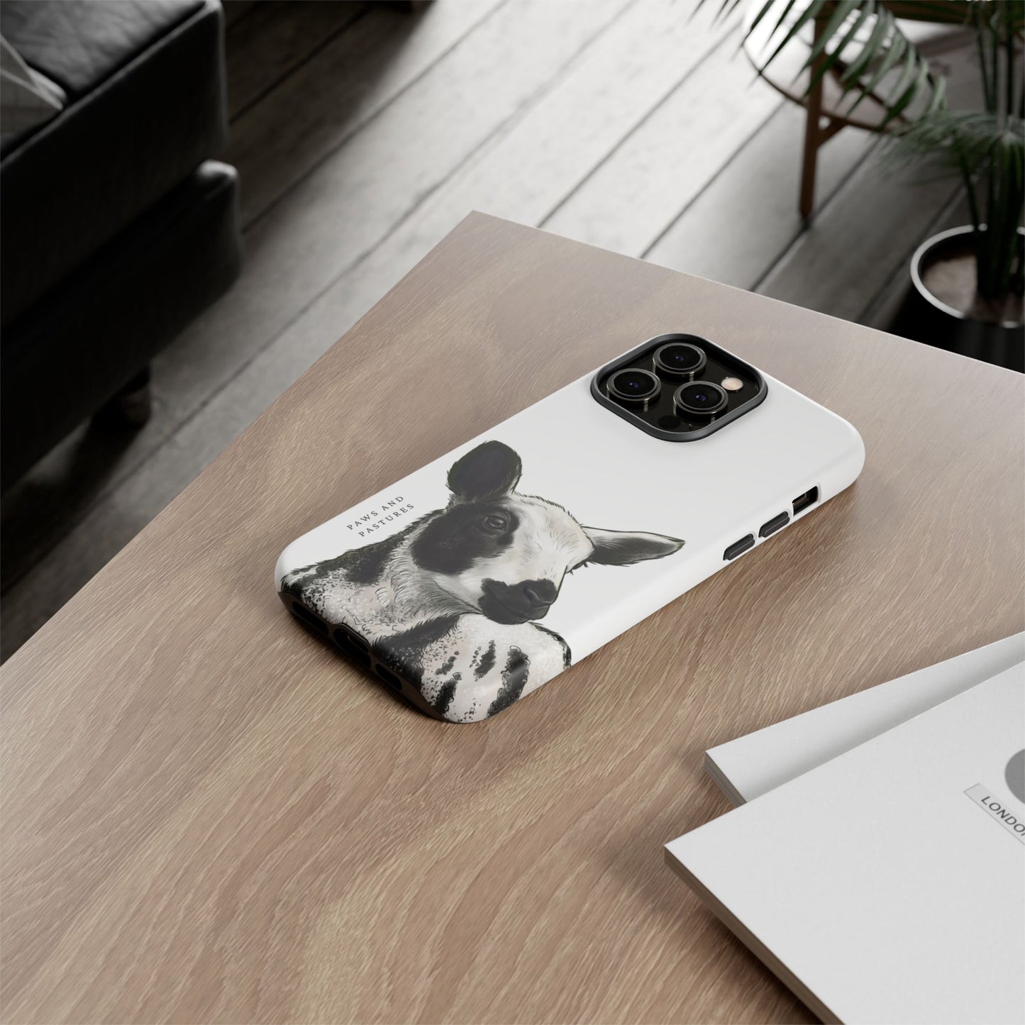 Dutch Spotted Sheep Portrait Phone Case - Black & White Lamb Illustration Protective Cover