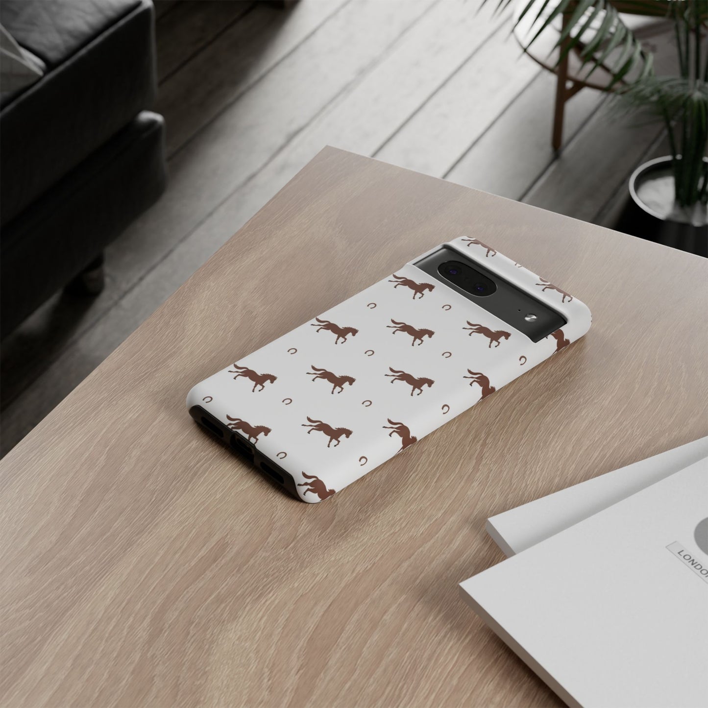 Horse Pattern Tough Phone Case — Brown Galloping Horses & Horseshoes on White