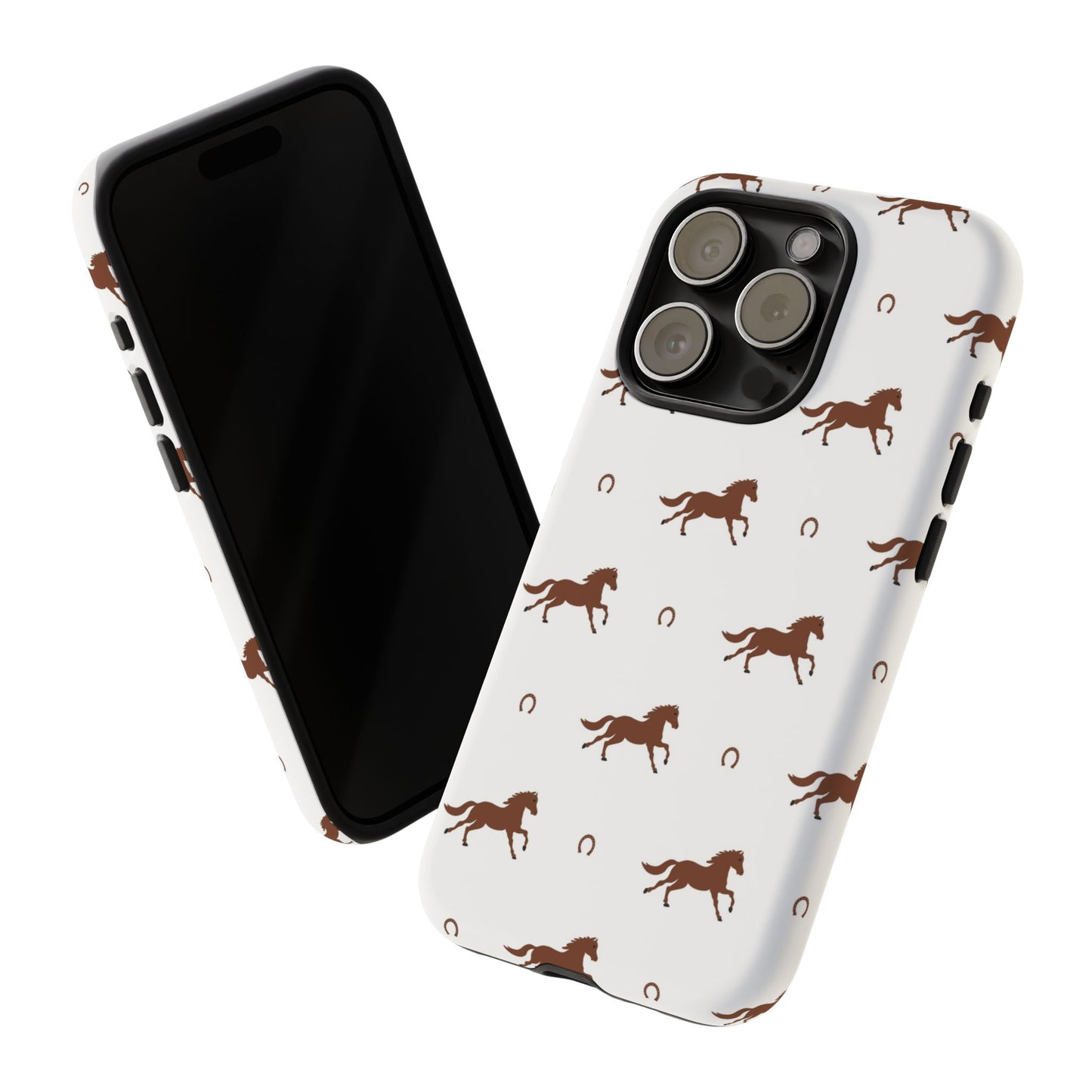 Horse Pattern Tough Phone Case — Brown Galloping Horses & Horseshoes on White