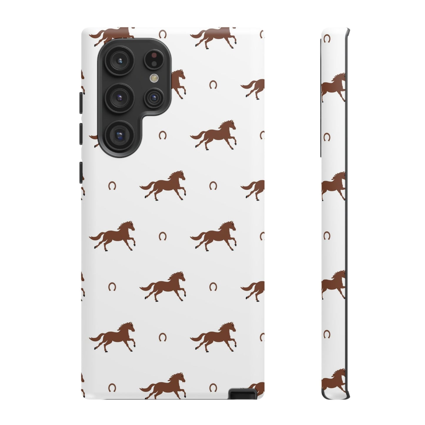 Horse Pattern Tough Phone Case — Brown Galloping Horses & Horseshoes on White
