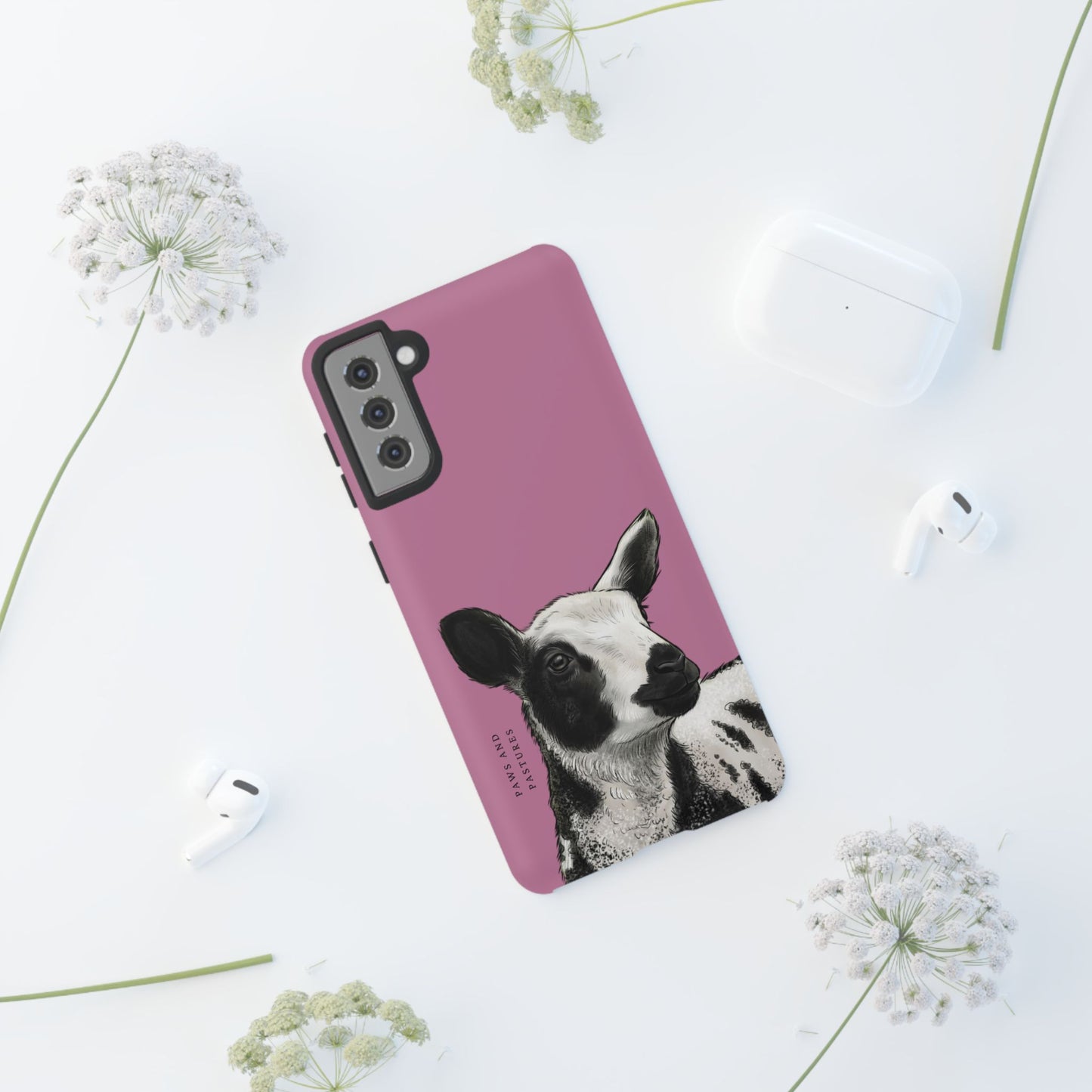 Pink Dutch Spotted Sheep Portrait Phone Case - Black & White Lamb Illustration Protective Cover