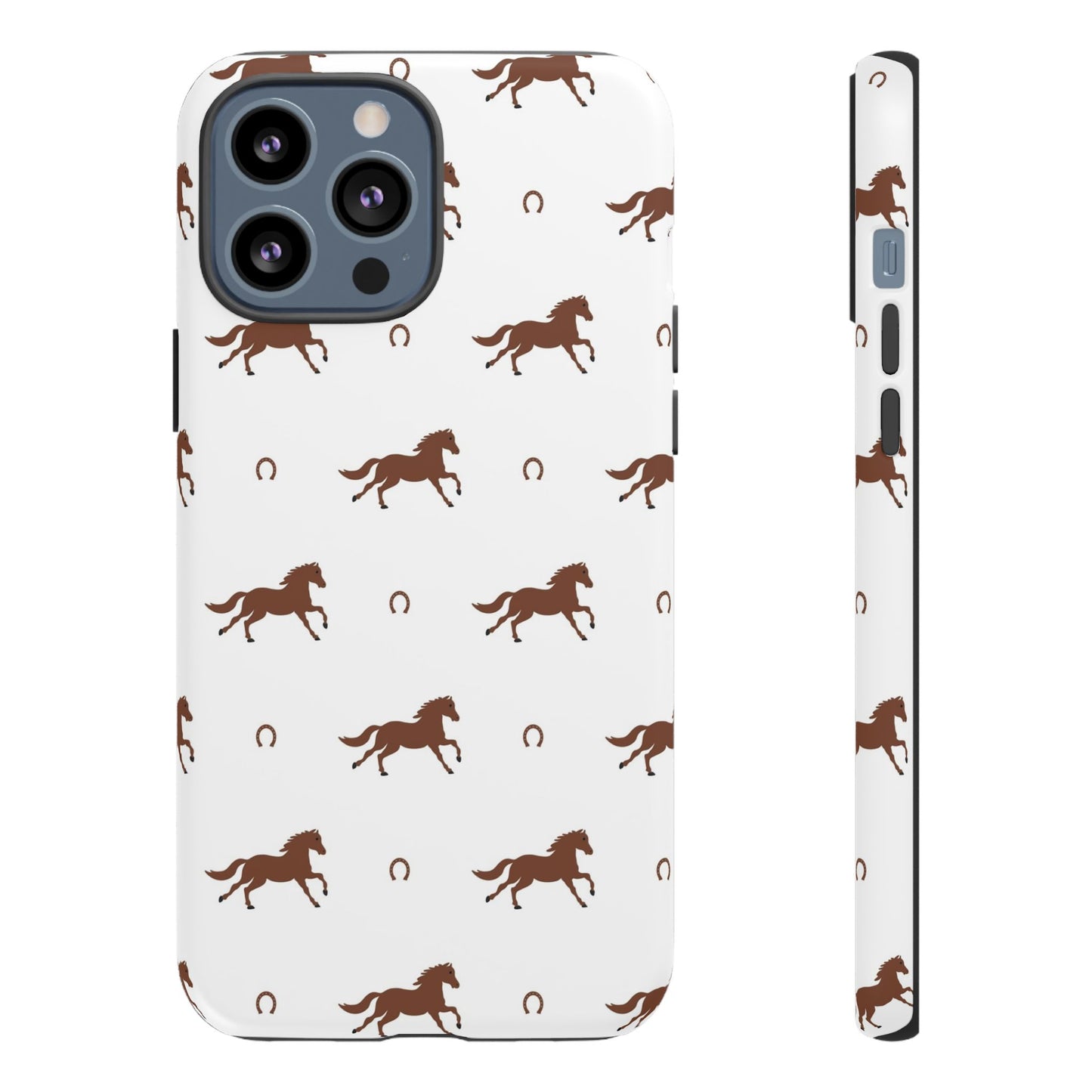 Horse Pattern Tough Phone Case — Brown Galloping Horses & Horseshoes on White