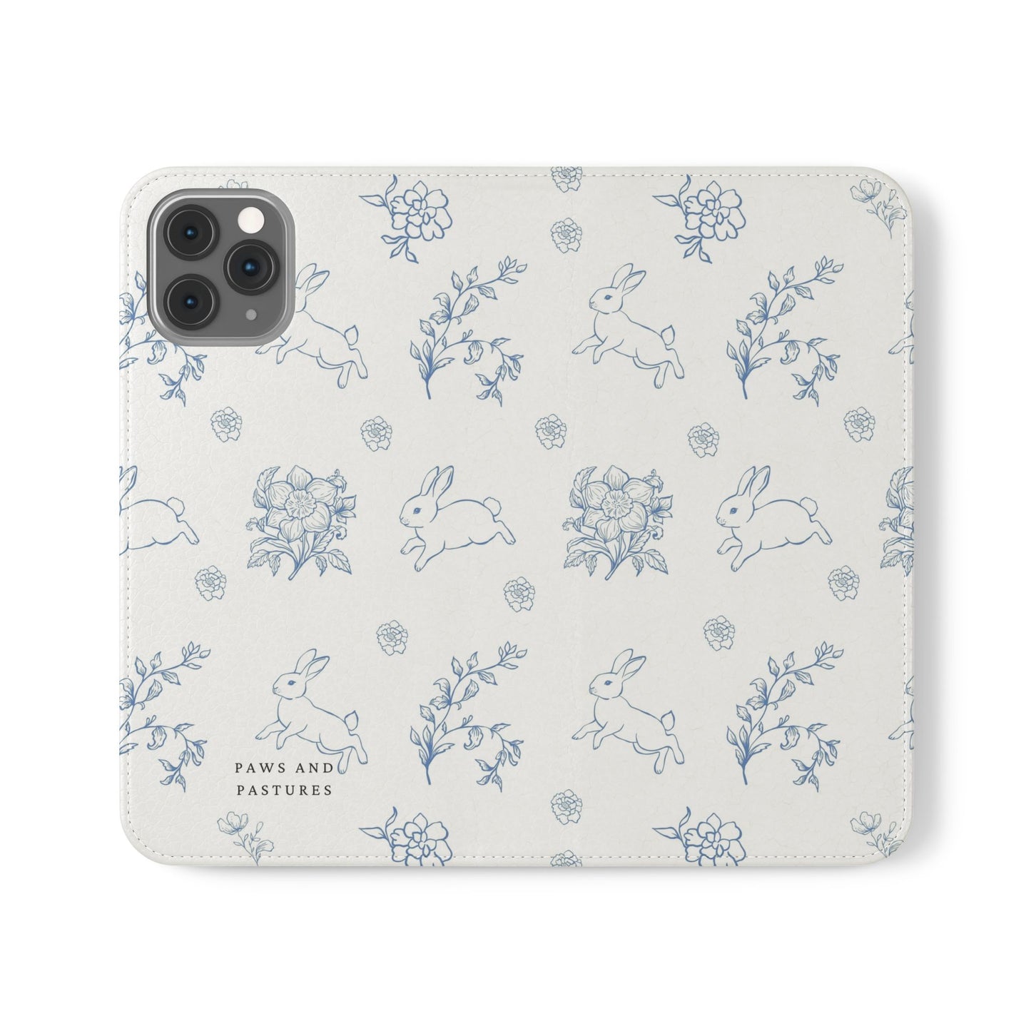 Bunny Pattern Flip Phone Case – Floral Blue Rabbit Wallet Cover