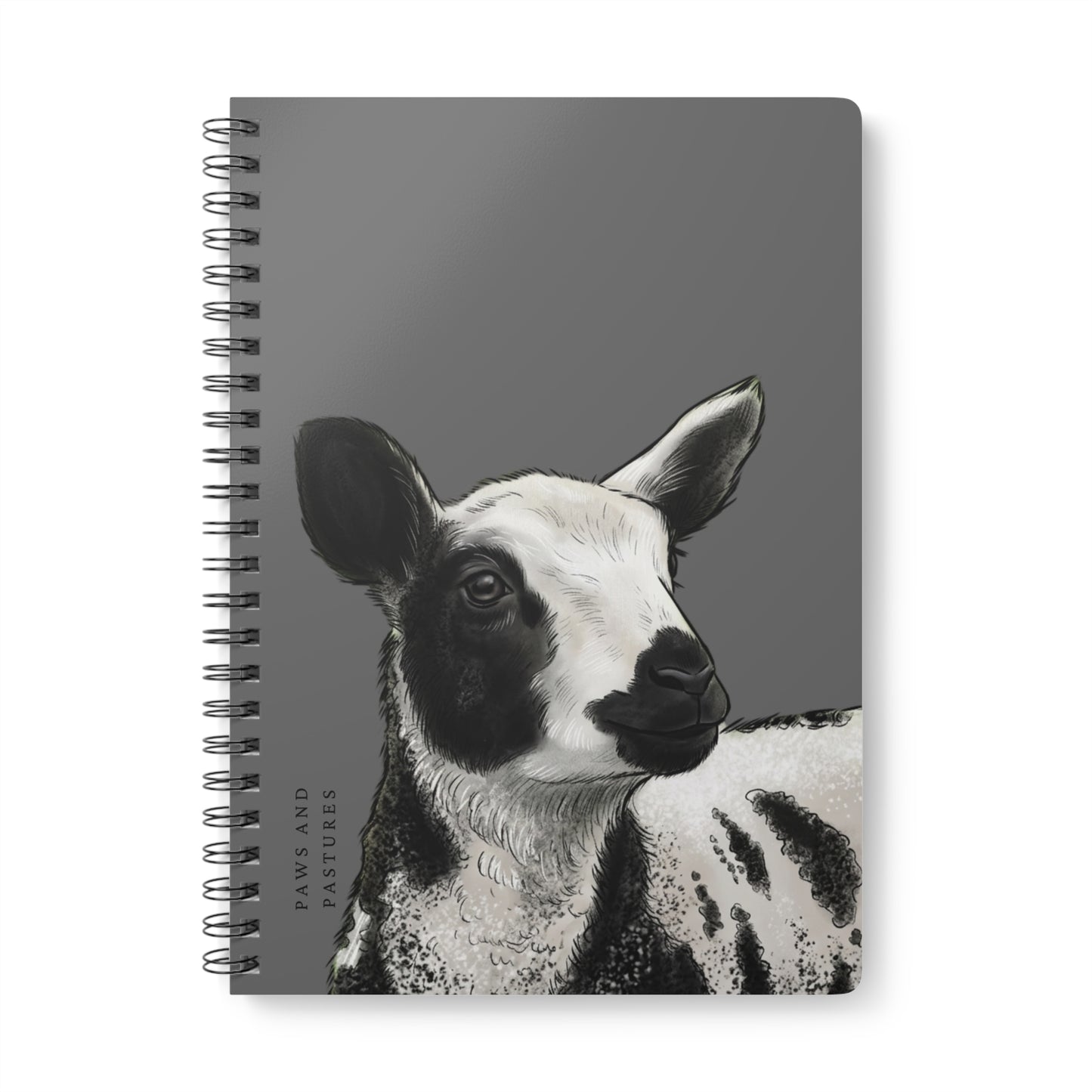 Grey Dutch Spotted Sheep A5 Spiral Notebook — Black & White Lamb Illustration (“Paws and Pastures”)