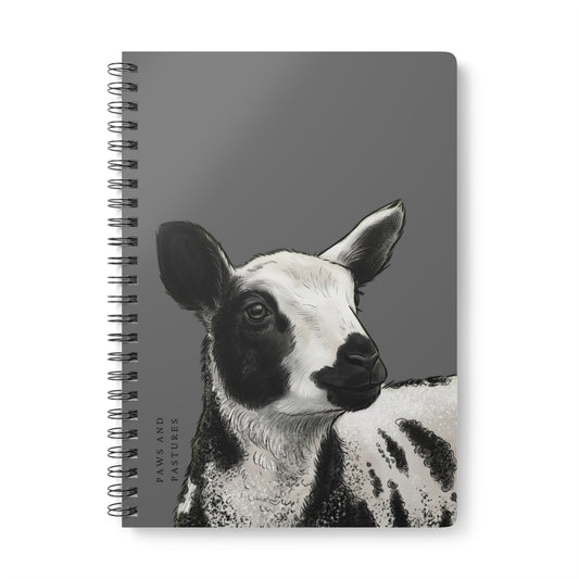 Grey Dutch Spotted Sheep A5 Spiral Notebook — Black & White Lamb Illustration (“Paws and Pastures”)