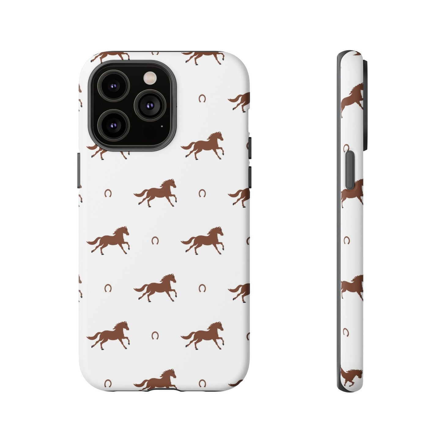 Horse Pattern Tough Phone Case — Brown Galloping Horses & Horseshoes on White