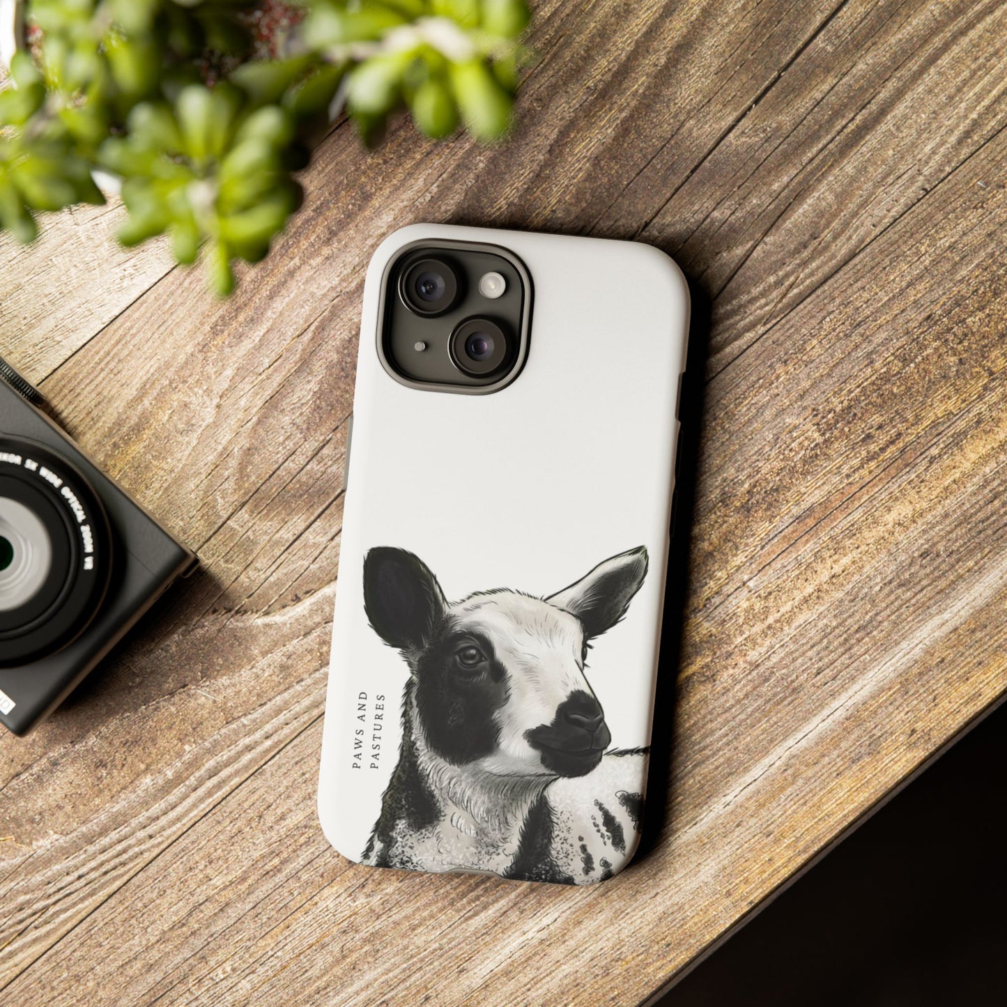 Dutch Spotted Sheep Portrait Phone Case - Black & White Lamb Illustration Protective Cover
