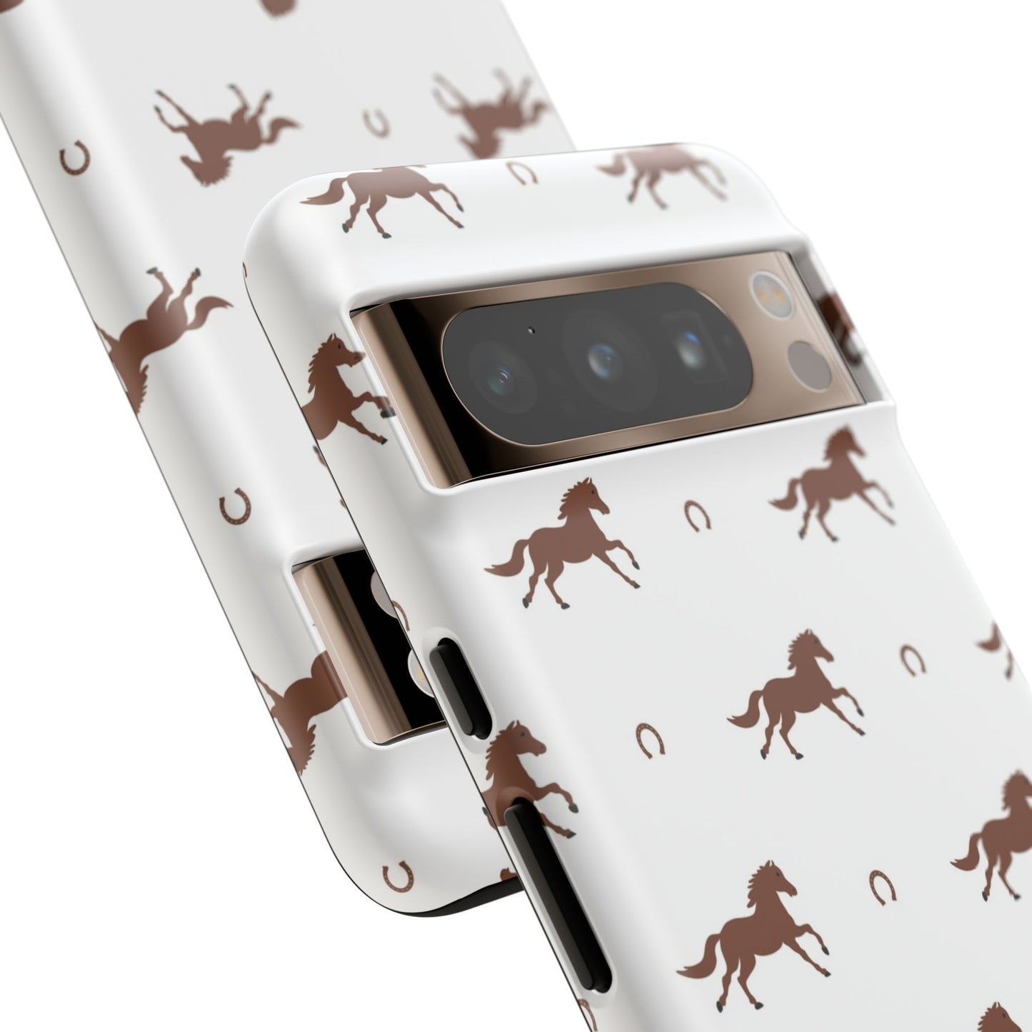 Horse Pattern Tough Phone Case — Brown Galloping Horses & Horseshoes on White