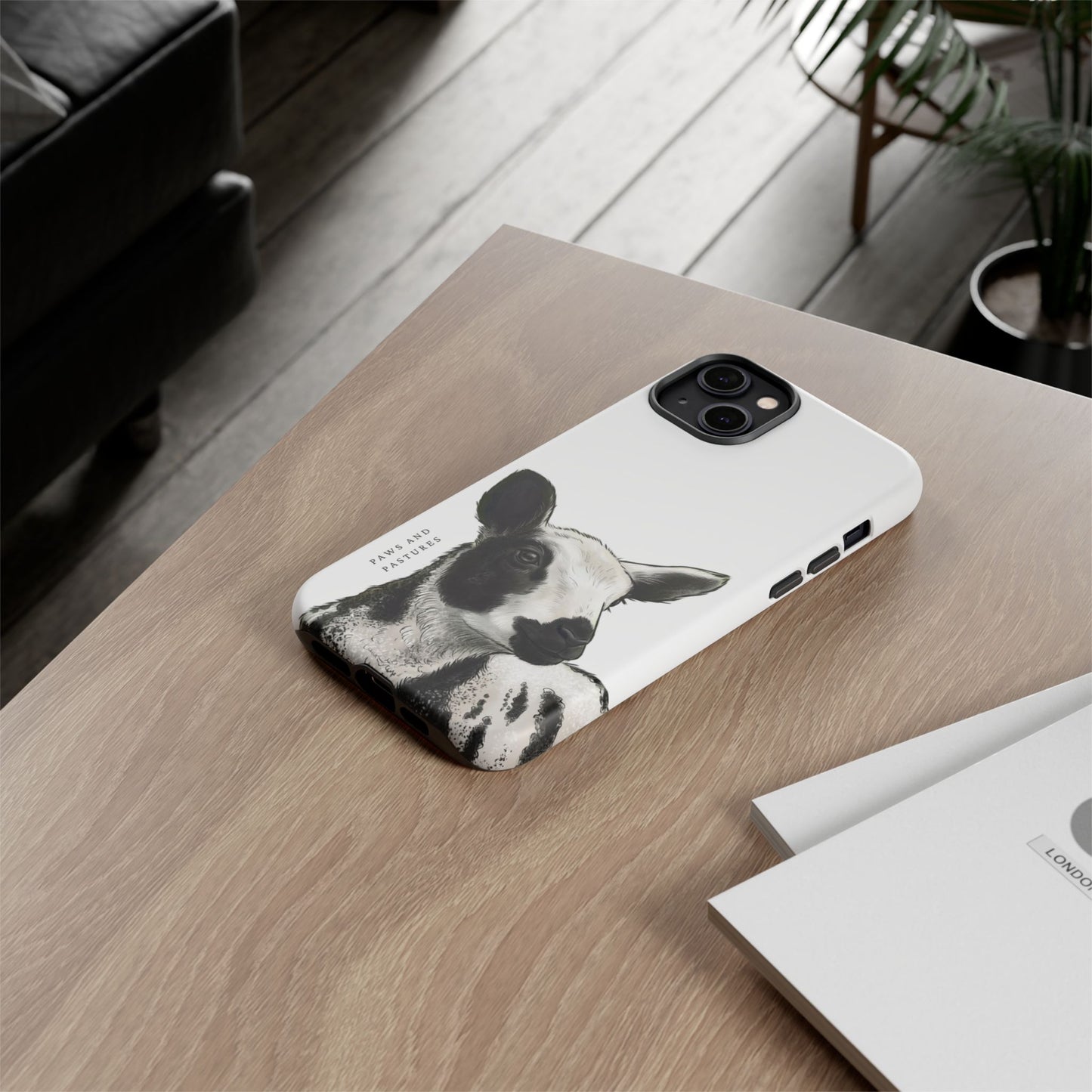Dutch Spotted Sheep Portrait Phone Case - Black & White Lamb Illustration Protective Cover