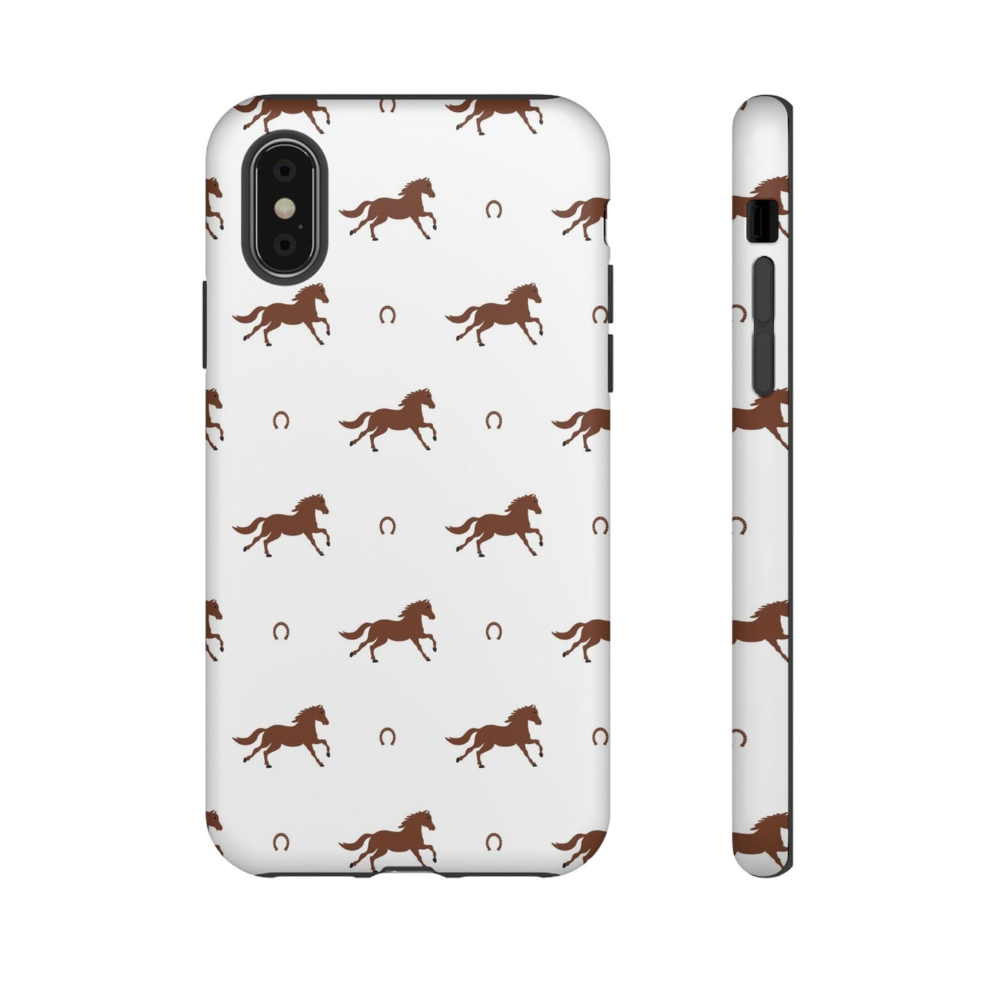 Horse Pattern Tough Phone Case — Brown Galloping Horses & Horseshoes on White