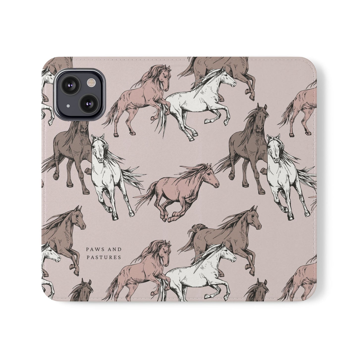 Horse Pattern Flip Phone Case — Pink Running Horses Wallet Cover