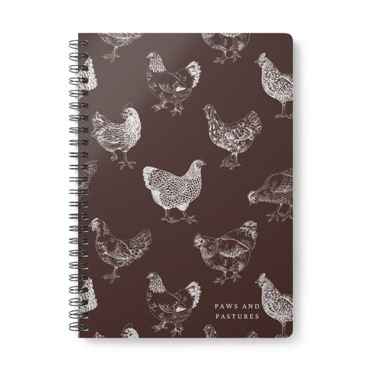 Chicken Pattern A5 Wirobound Notebook — "Paws and Pastures" Lined Journal