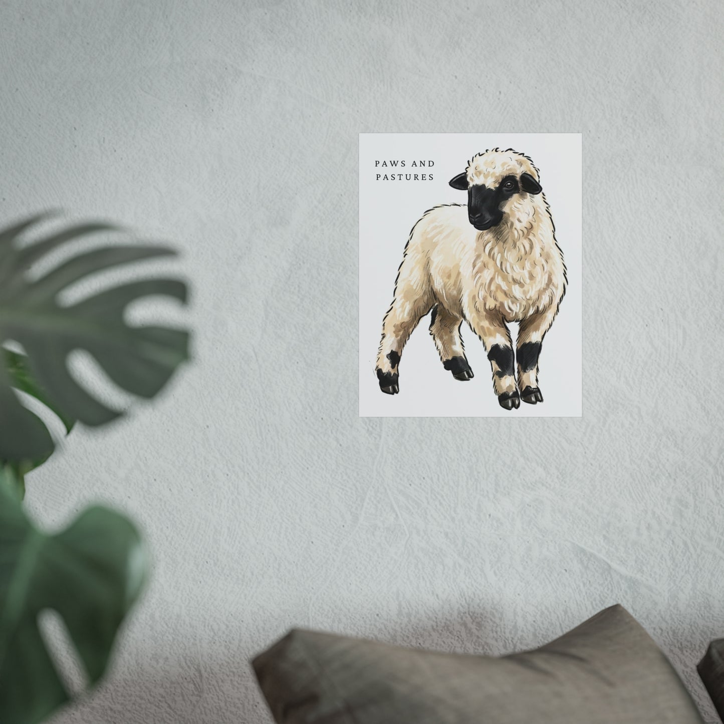 Valais Blacknose Sheep Portrait Fine Art Poster — 'Paws and Pastures' Rustic Farmhouse Wall Art