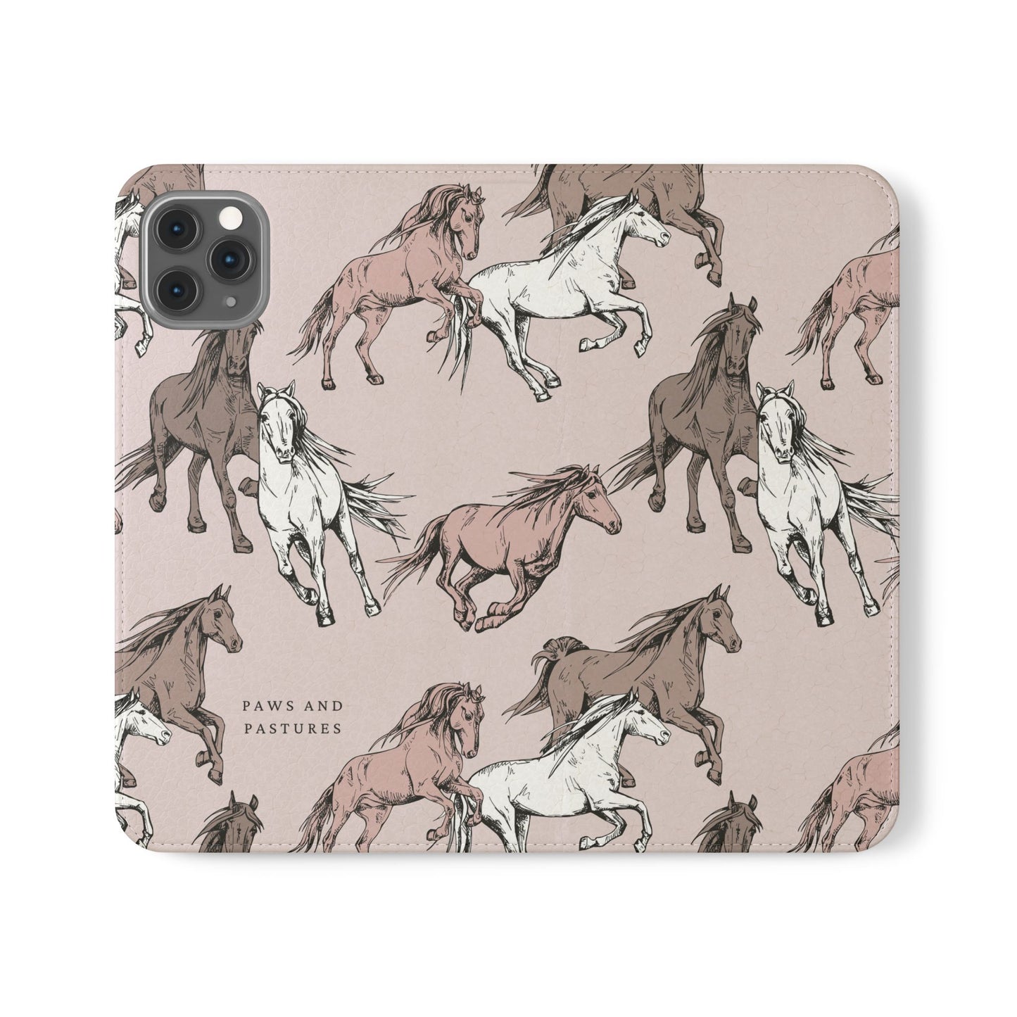 Horse Pattern Flip Phone Case — Pink Running Horses Wallet Cover