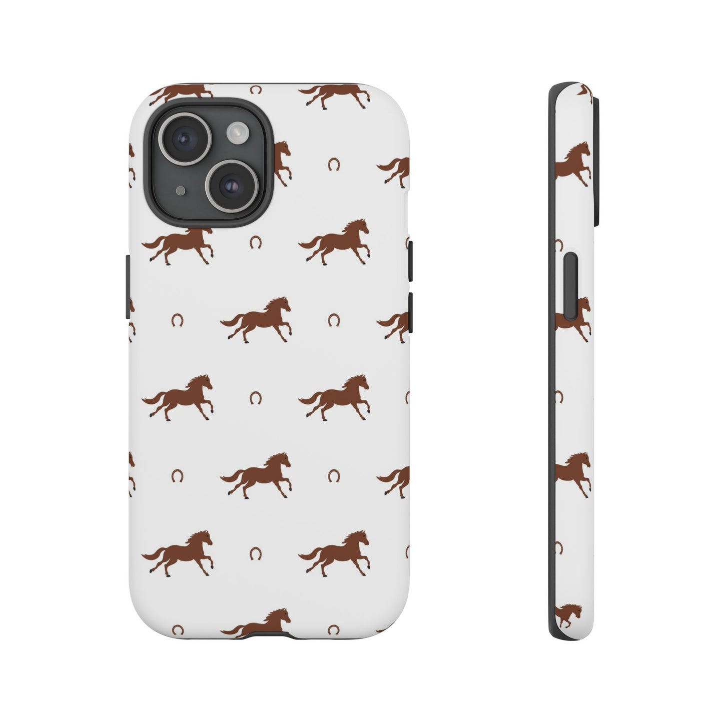 Horse Pattern Tough Phone Case — Brown Galloping Horses & Horseshoes on White