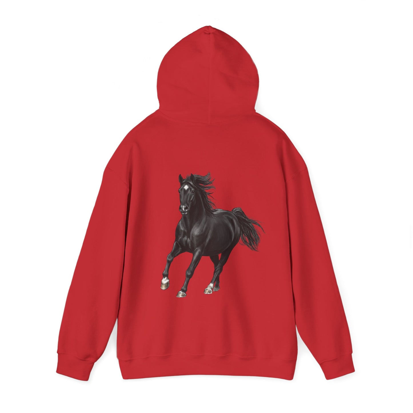 Horse Graphic Hoodie — Black Stallion Back Print, Minimal Front Text