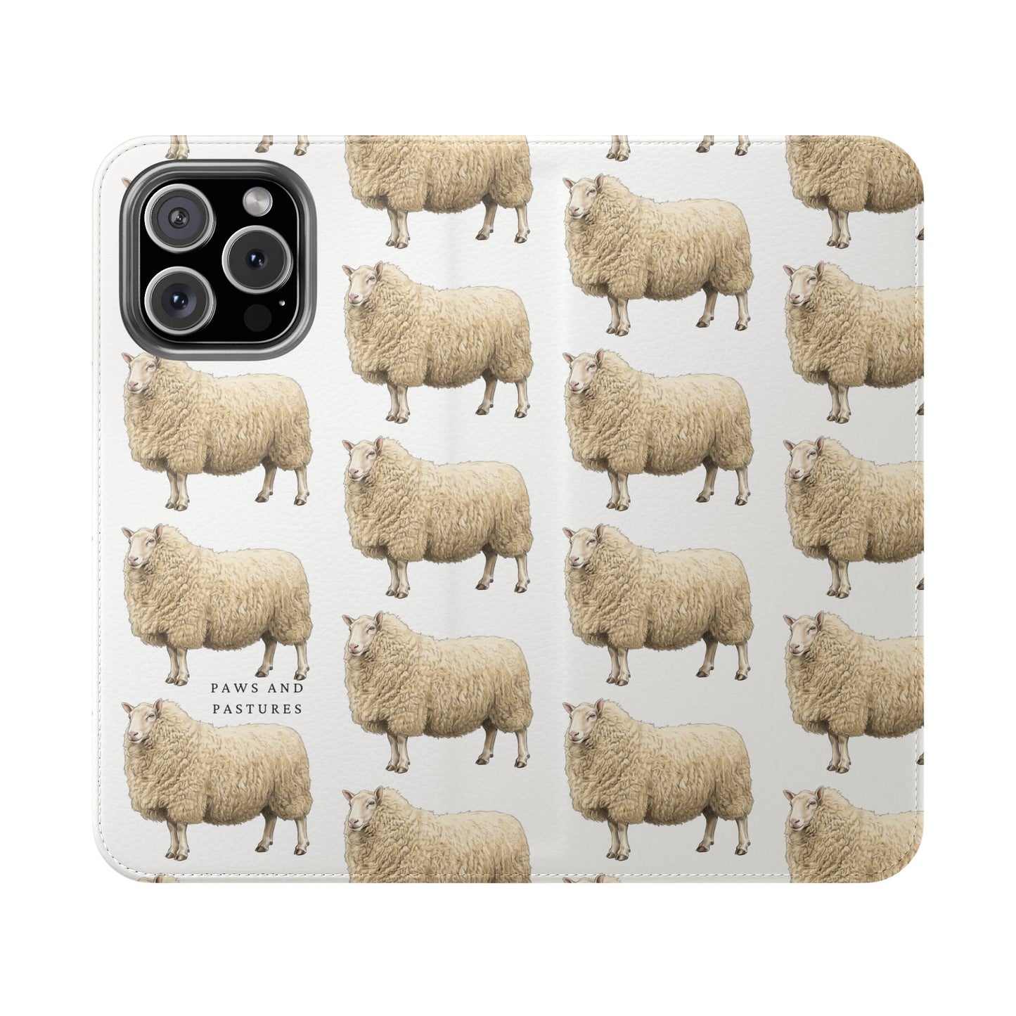 Cheviot Sheep Pattern Flip Phone Case – Cute Pastoral Wallet Cover with Card Slots