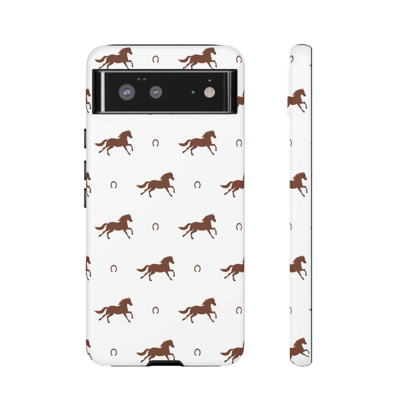 Horse Pattern Tough Phone Case — Brown Galloping Horses & Horseshoes on White