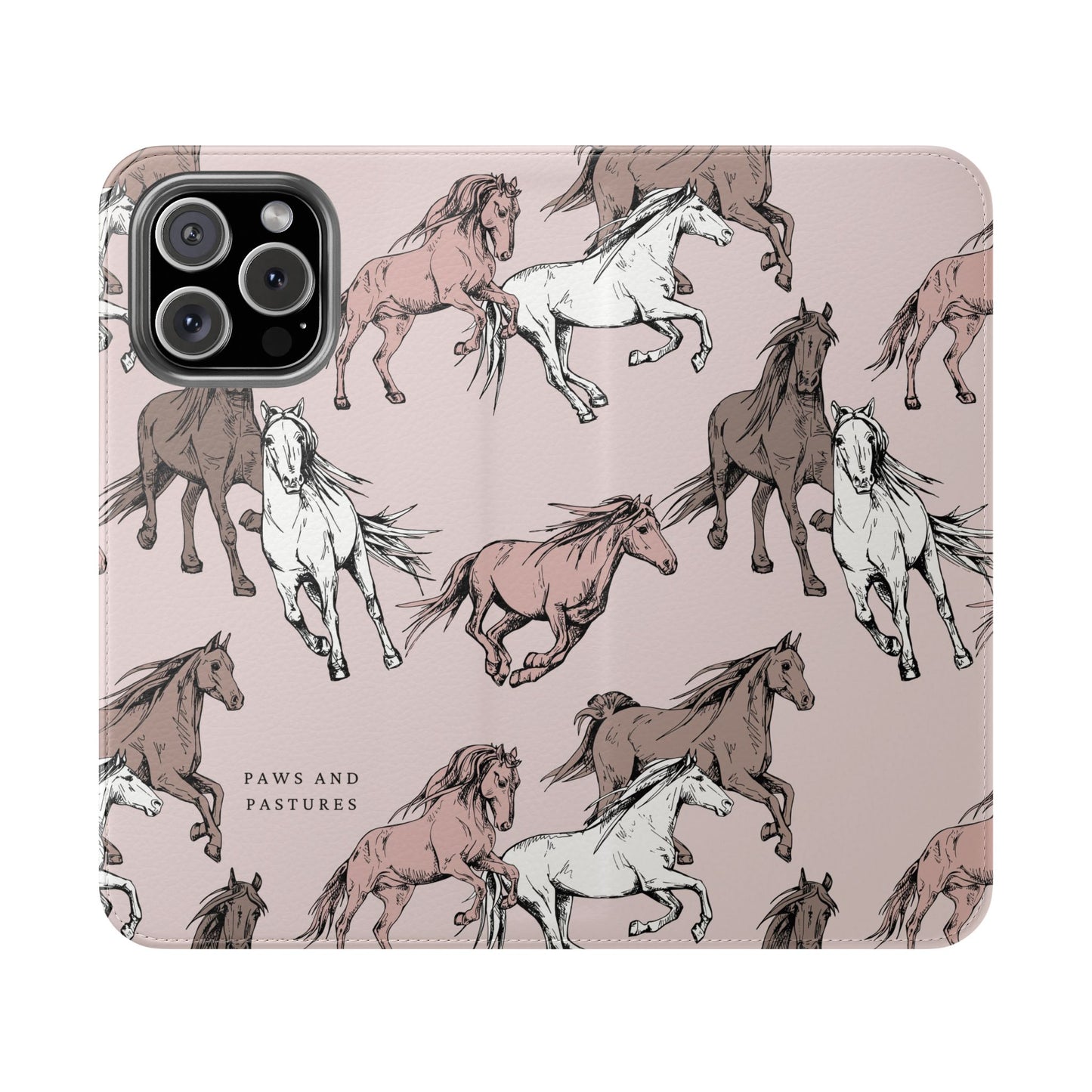 Horse Pattern Flip Phone Case — Pink Running Horses Wallet Cover