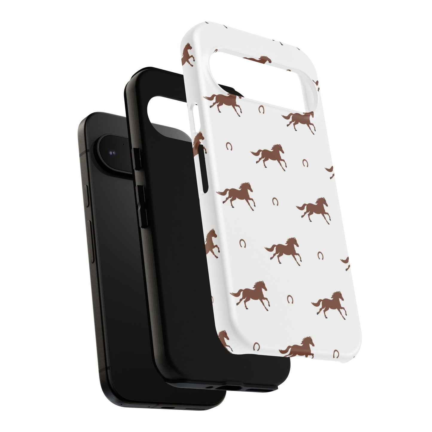 Horse Pattern Tough Phone Case — Brown Galloping Horses & Horseshoes on White