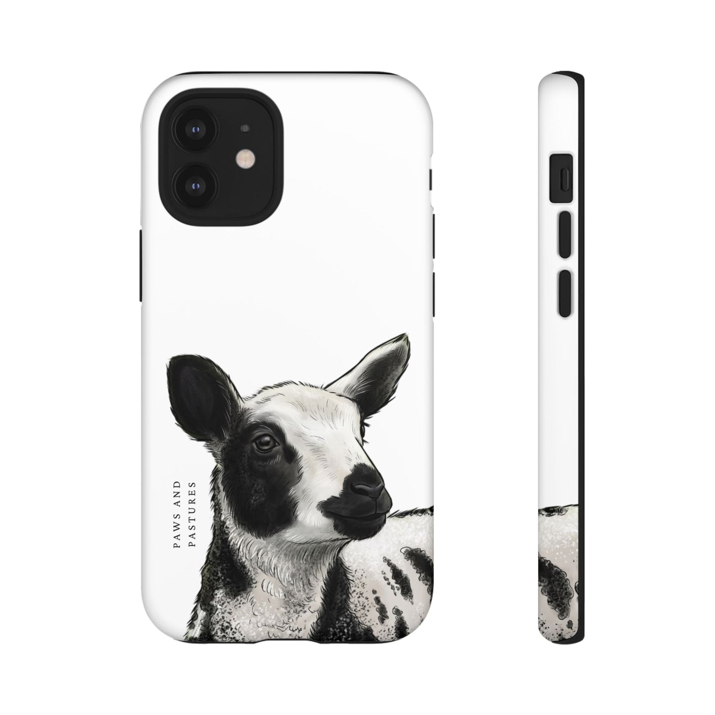 Dutch Spotted Sheep Portrait Phone Case - Black & White Lamb Illustration Protective Cover