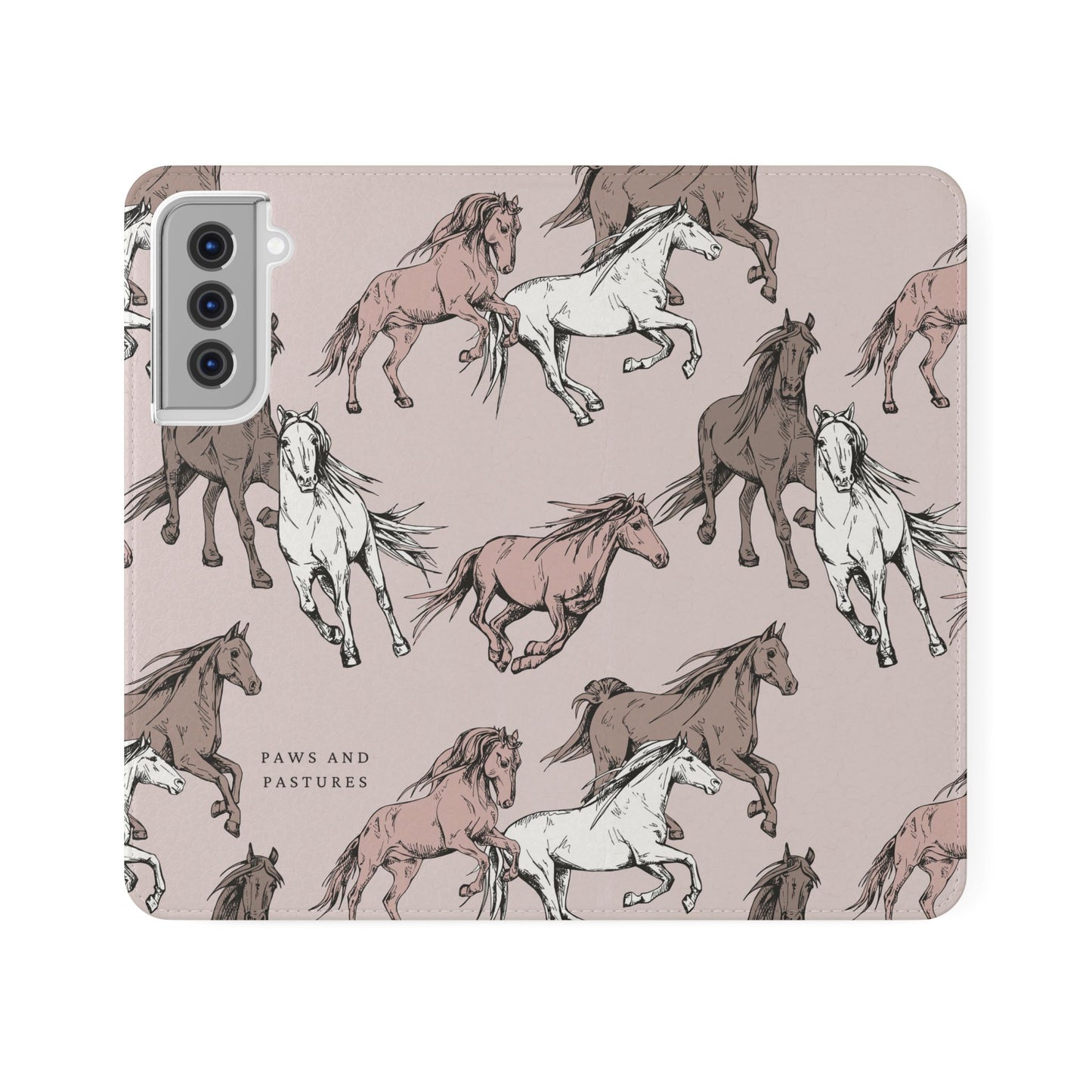Horse Pattern Flip Phone Case — Pink Running Horses Wallet Cover