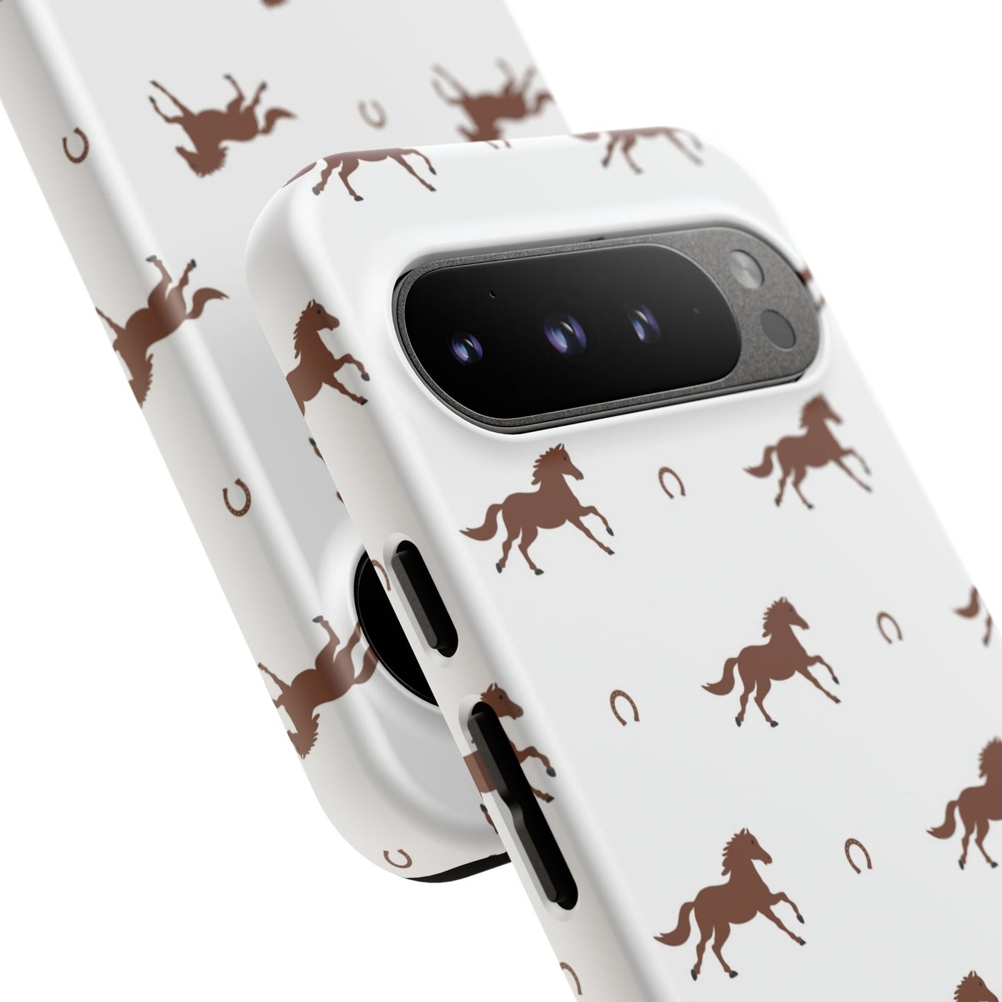 Horse Pattern Tough Phone Case — Brown Galloping Horses & Horseshoes on White