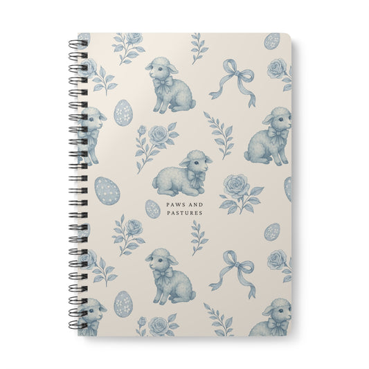 A5 Wirobound Notebook — Vintage Blue Lambs & Floral Pattern (Paws and Pastures)