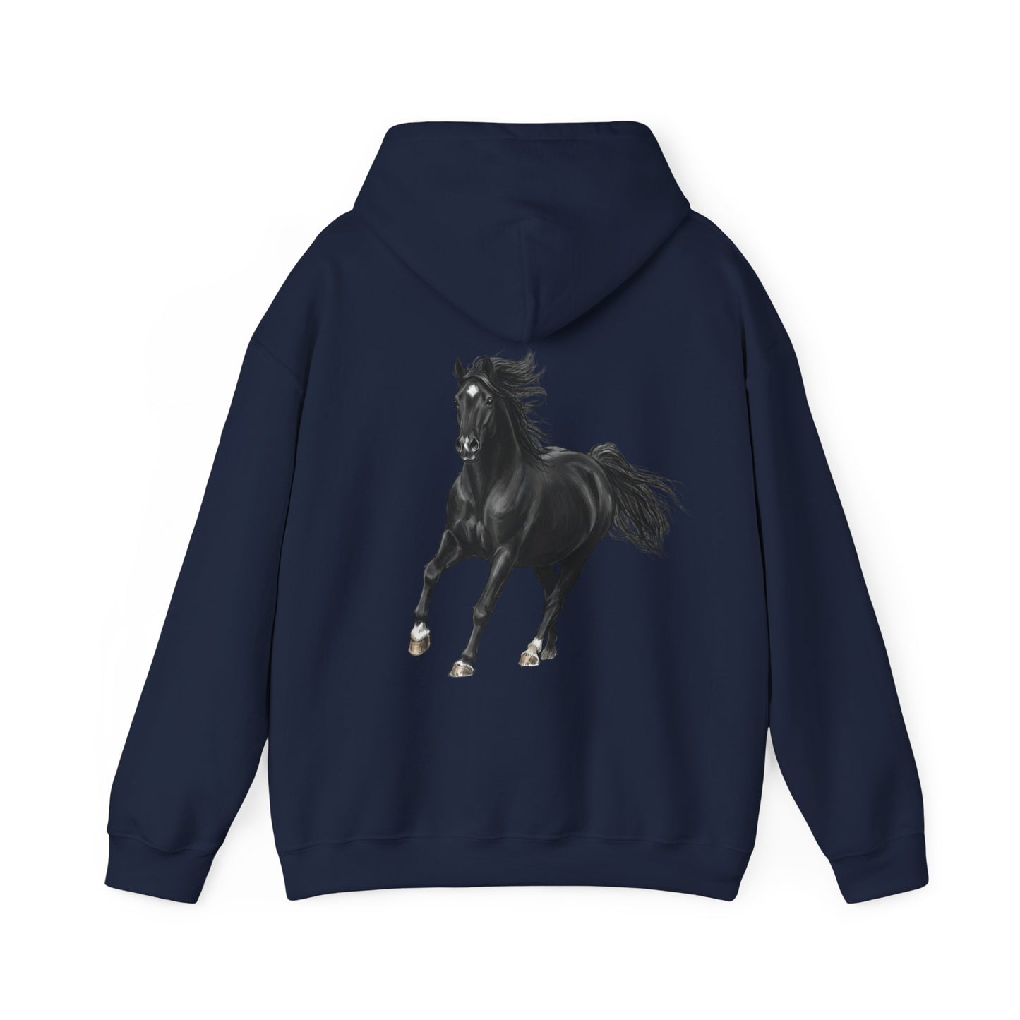 Horse Graphic Hoodie — Black Stallion Back Print, Minimal Front Text