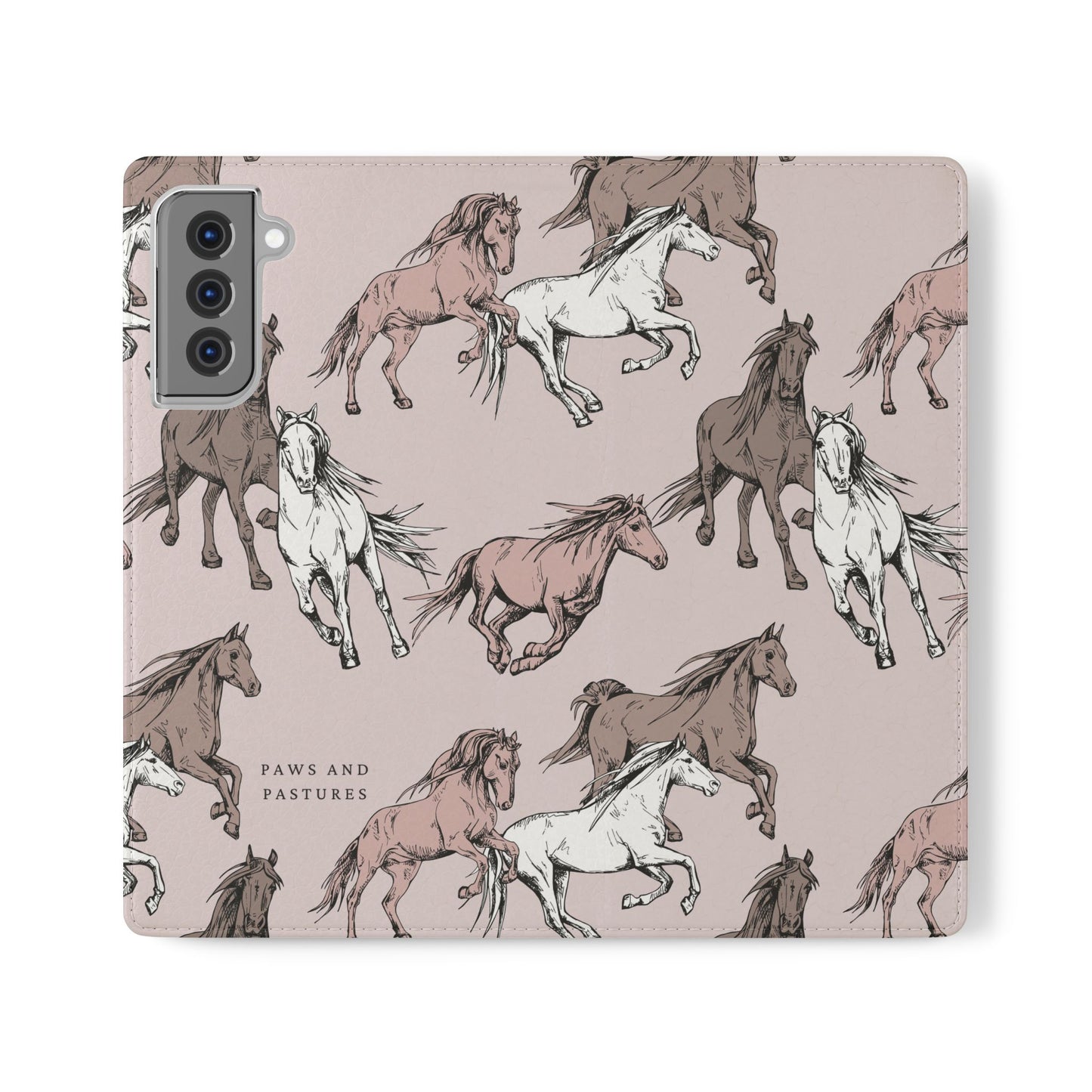 Horse Pattern Flip Phone Case — Pink Running Horses Wallet Cover