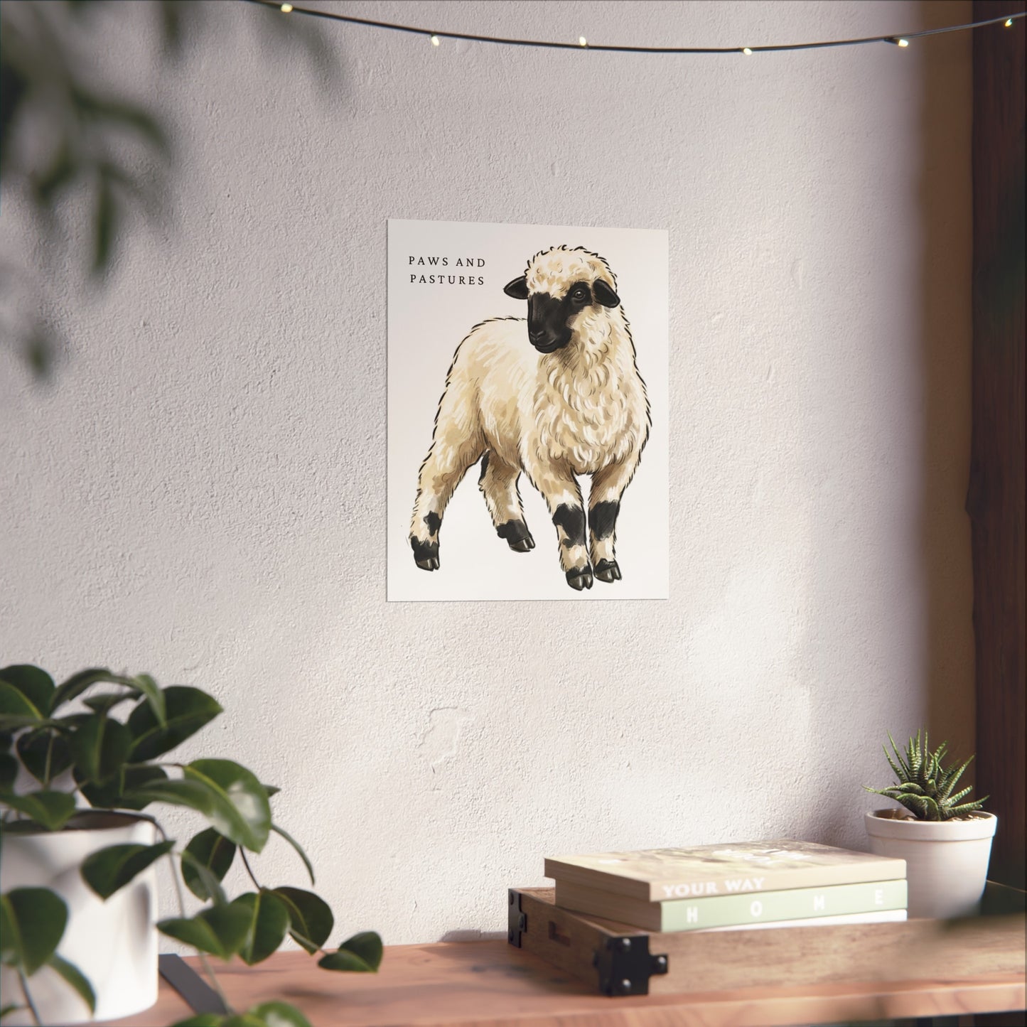 Valais Blacknose Sheep Portrait Fine Art Poster — 'Paws and Pastures' Rustic Farmhouse Wall Art