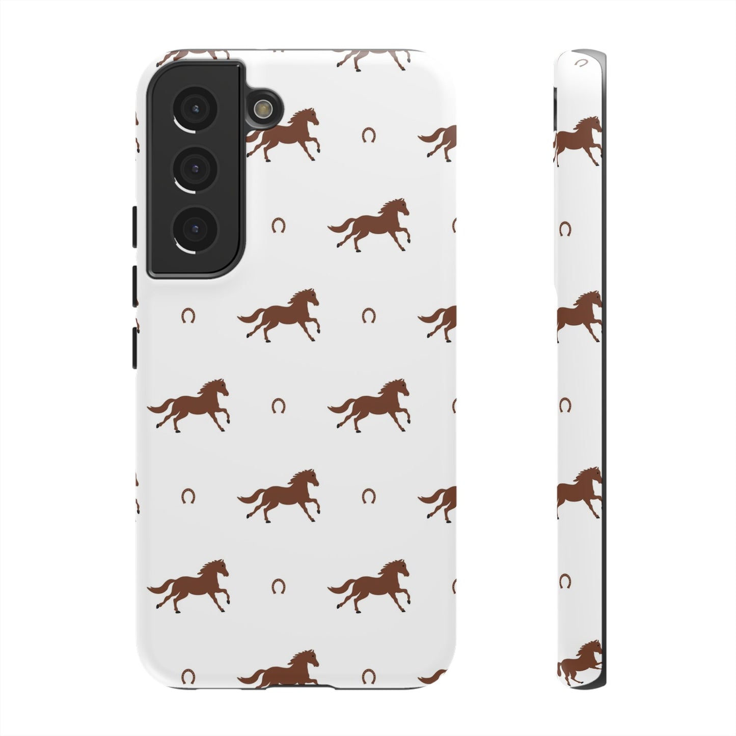 Horse Pattern Tough Phone Case — Brown Galloping Horses & Horseshoes on White