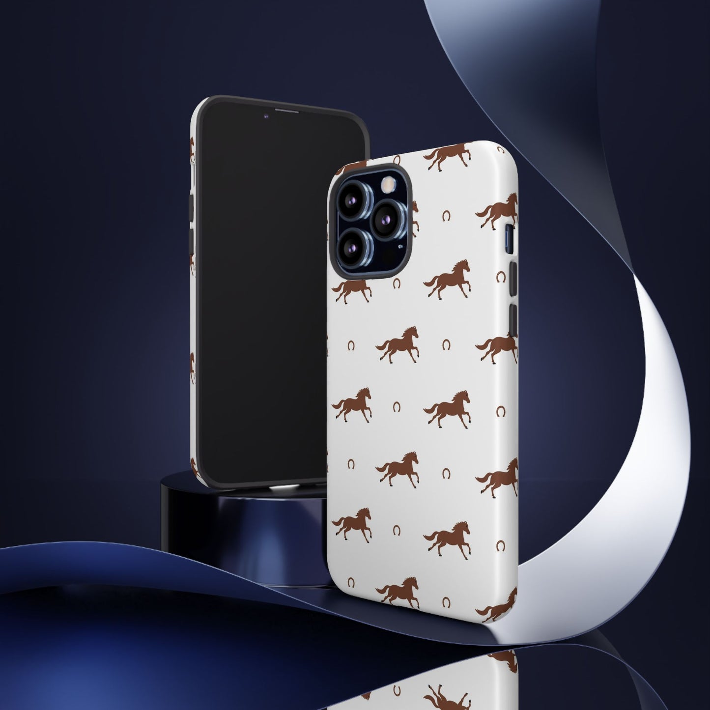 Horse Pattern Tough Phone Case — Brown Galloping Horses & Horseshoes on White