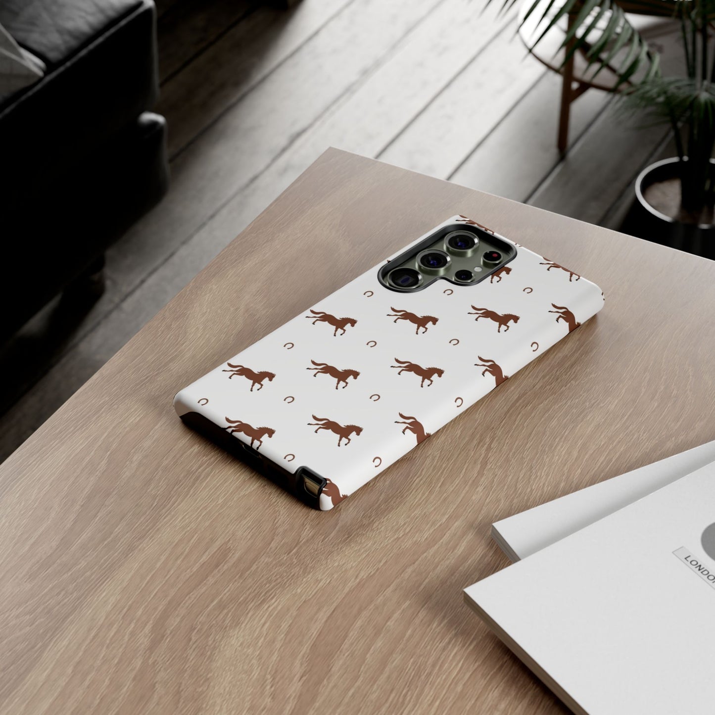 Horse Pattern Tough Phone Case — Brown Galloping Horses & Horseshoes on White