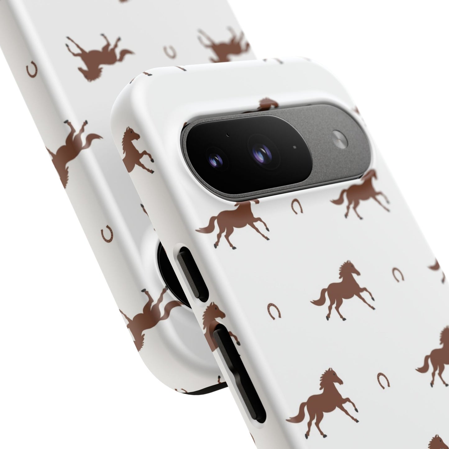 Horse Pattern Tough Phone Case — Brown Galloping Horses & Horseshoes on White