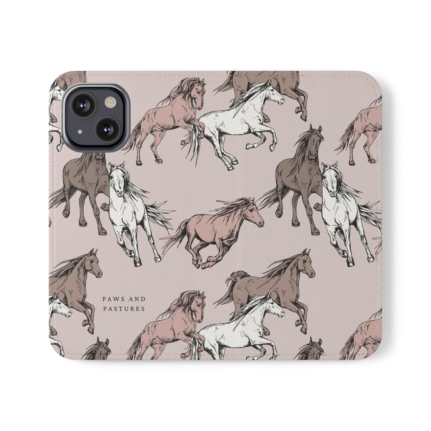 Horse Pattern Flip Phone Case — Pink Running Horses Wallet Cover