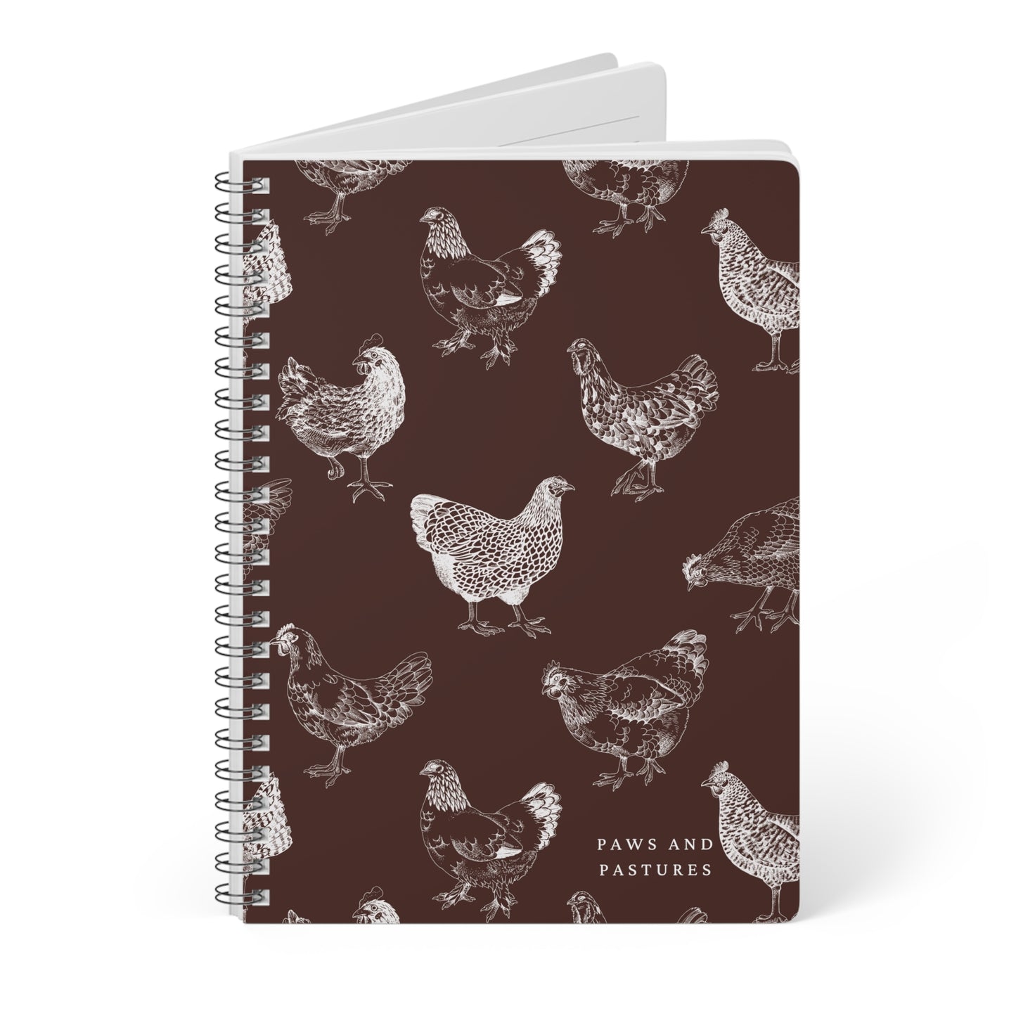 Chicken Pattern A5 Wirobound Notebook — "Paws and Pastures" Lined Journal