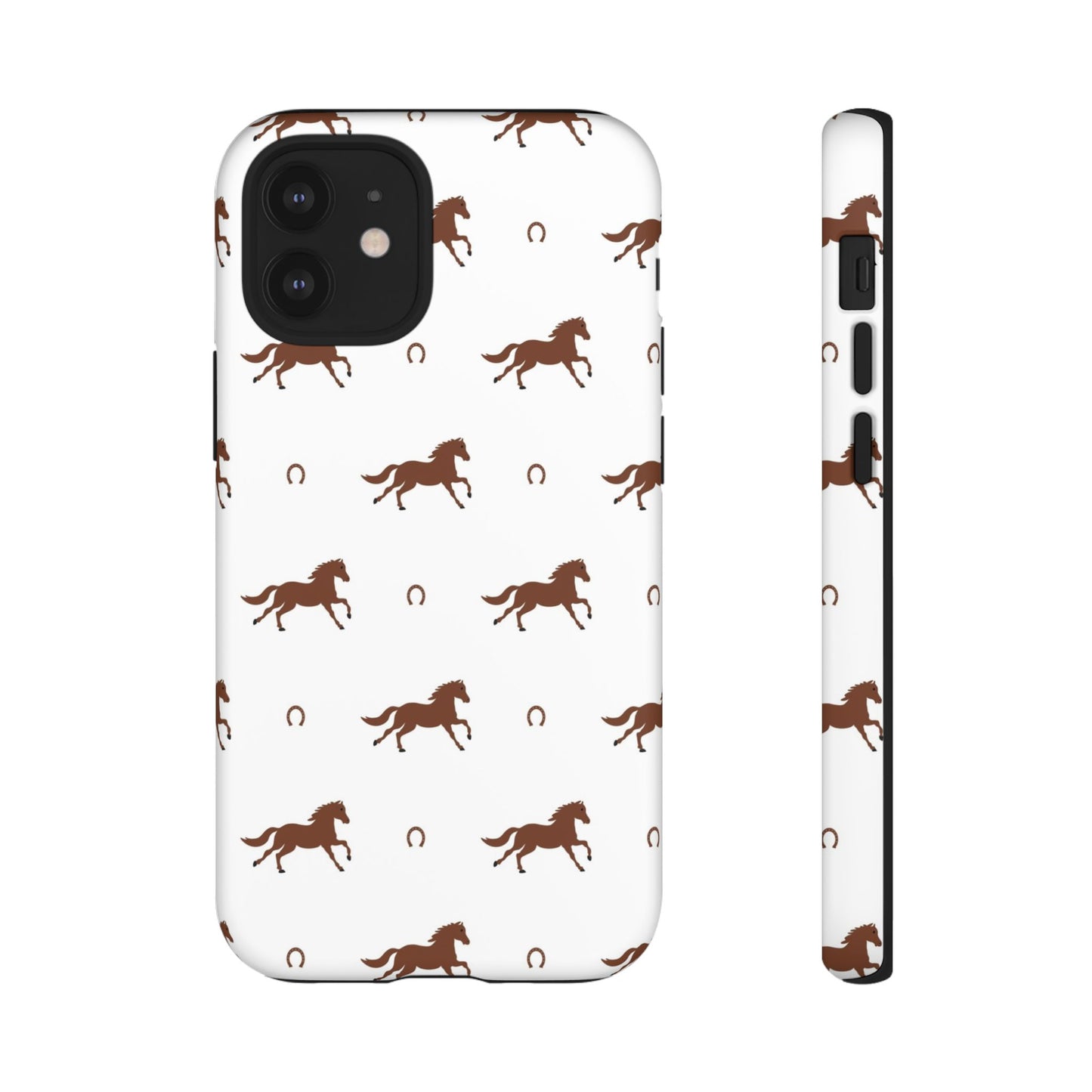 Horse Pattern Tough Phone Case — Brown Galloping Horses & Horseshoes on White