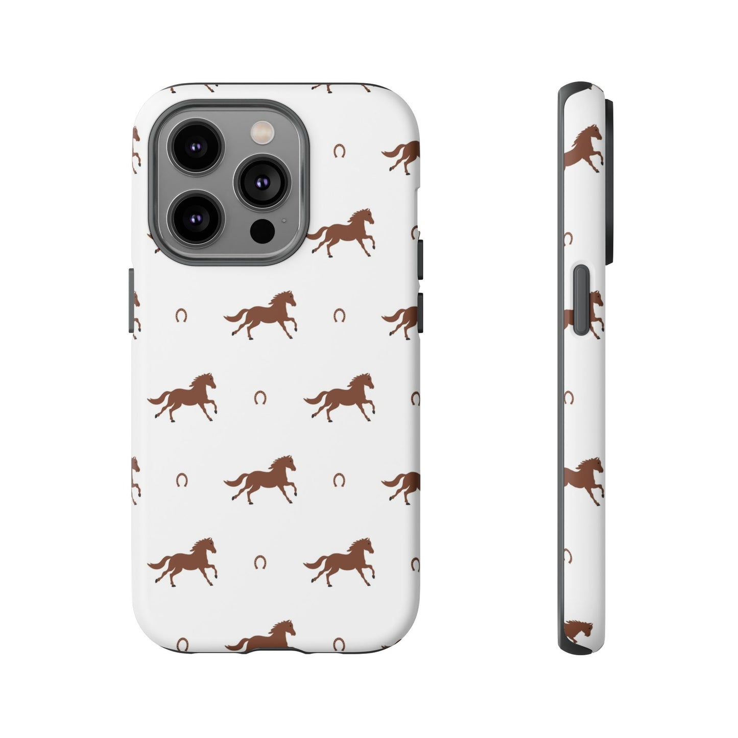 Horse Pattern Tough Phone Case — Brown Galloping Horses & Horseshoes on White