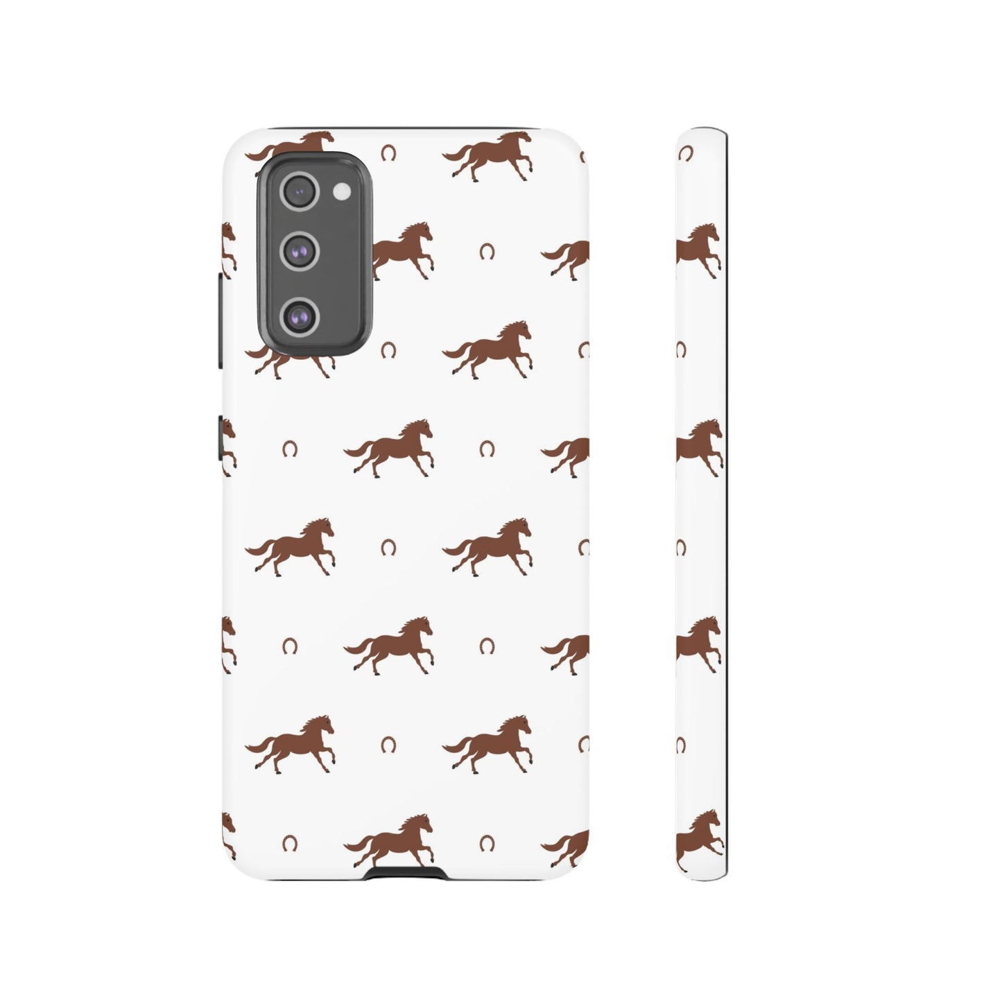 Horse Pattern Tough Phone Case — Brown Galloping Horses & Horseshoes on White