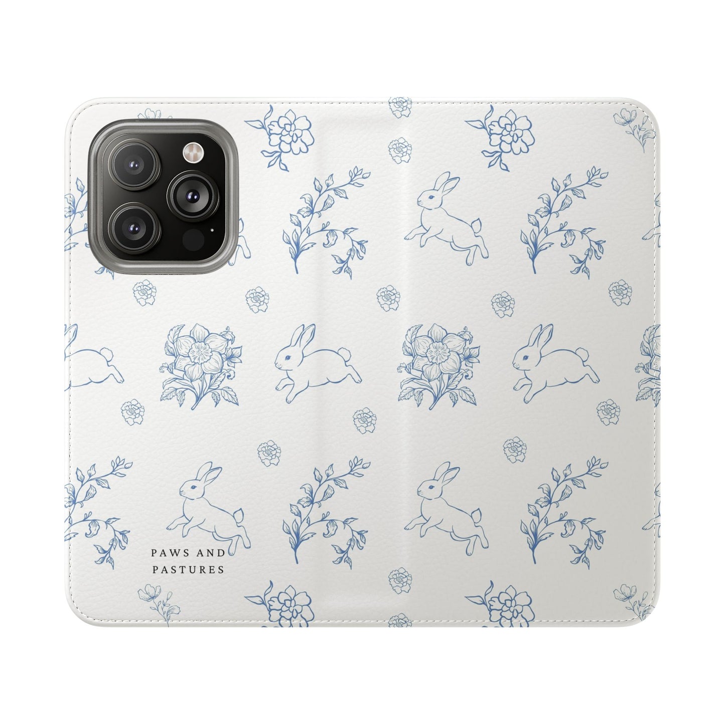 Bunny Pattern Flip Phone Case – Floral Blue Rabbit Wallet Cover